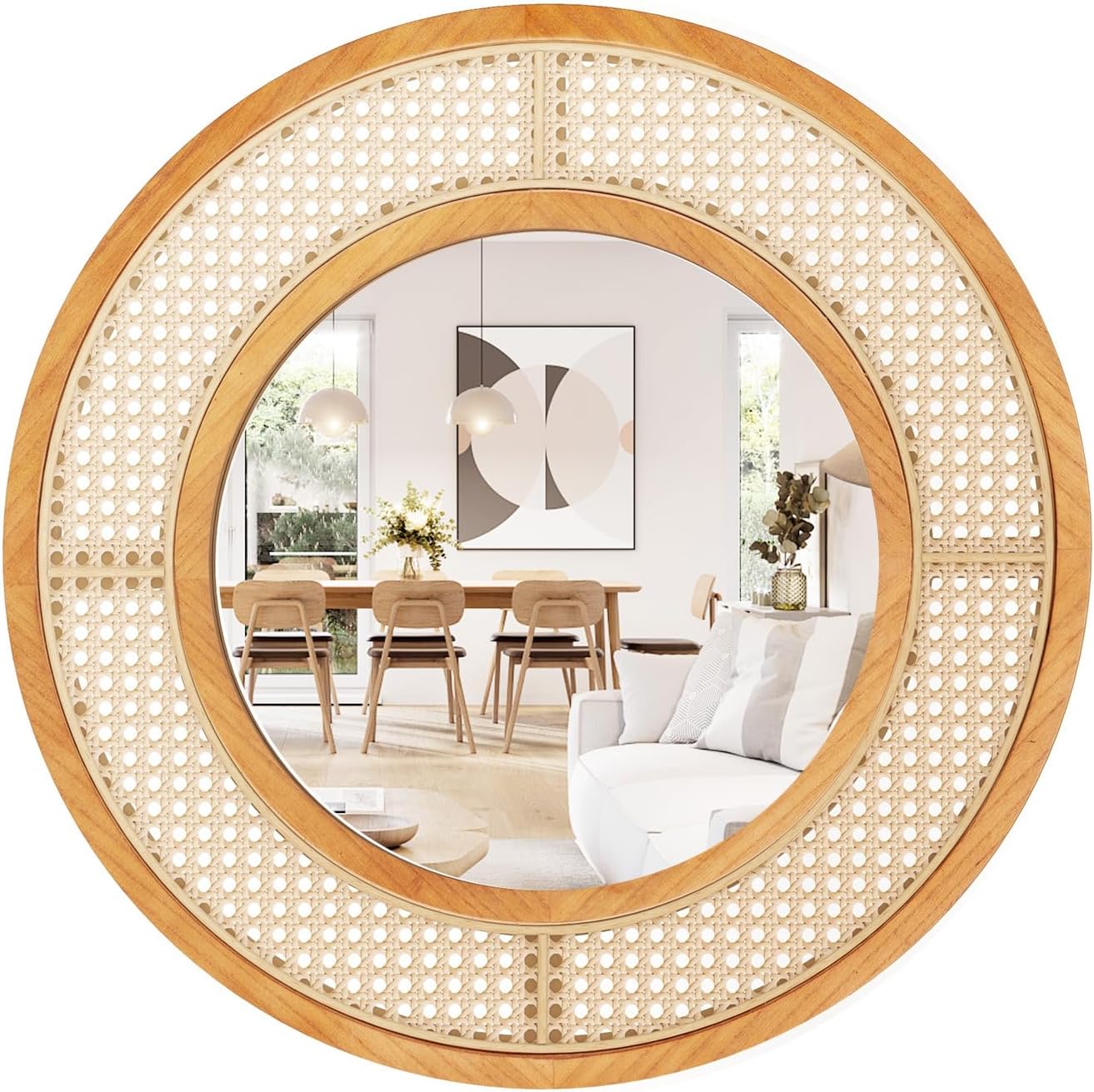 65 cm Okrągłe Lustro Ścienne z Rattanu, Drewniana Rama, Szkło Aluminiowe, do Salonu, Sypialni, Przedpokoju, Łazienki, Naturalne (1, Okrągłe)