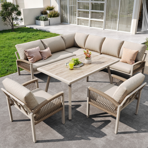 Ensemble de mobilier de jardin extérieur en L en fer pour 8 places avec coussins | 3 canapés + 2 fauteuils en rotin PE + Table en verre- Beige - 2