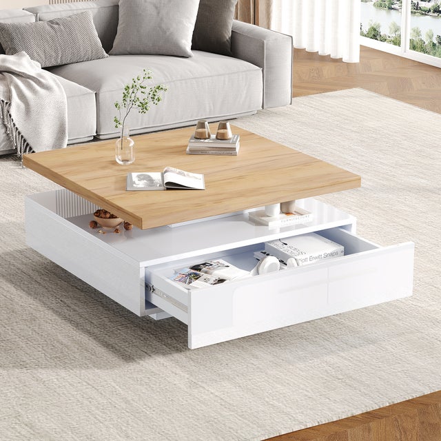 Kwadratowy stolik kawowy z 1 szufladą i obrotowym blatem 360° - 70 x 70 x 36 cm - Płyta wiórowa - Biały i orzech