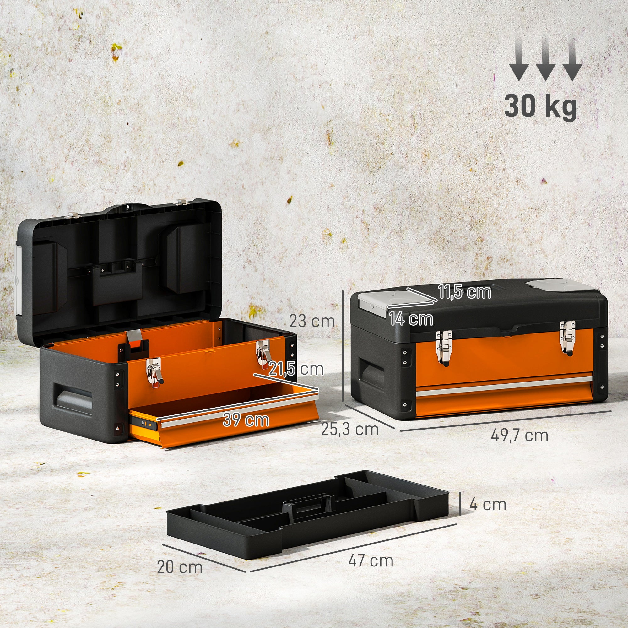 Cassetta degli attrezzi vuota, 49,7 x 25,3 x 23 cm, cassetta degli attrezzi con cassetto, mini scatola, acciaio, arancione - 4