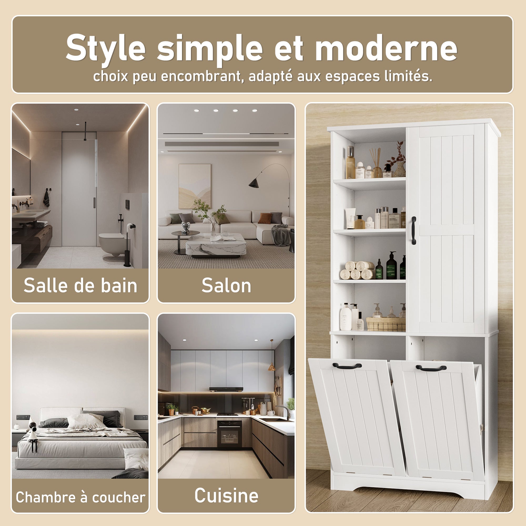 Meuble salle de bain avec 2 panier à linge, Armoire salle de bain avec 4 compartiments ouverts, Meuble colonne MDF Blanc（78x35x172cm） - 3