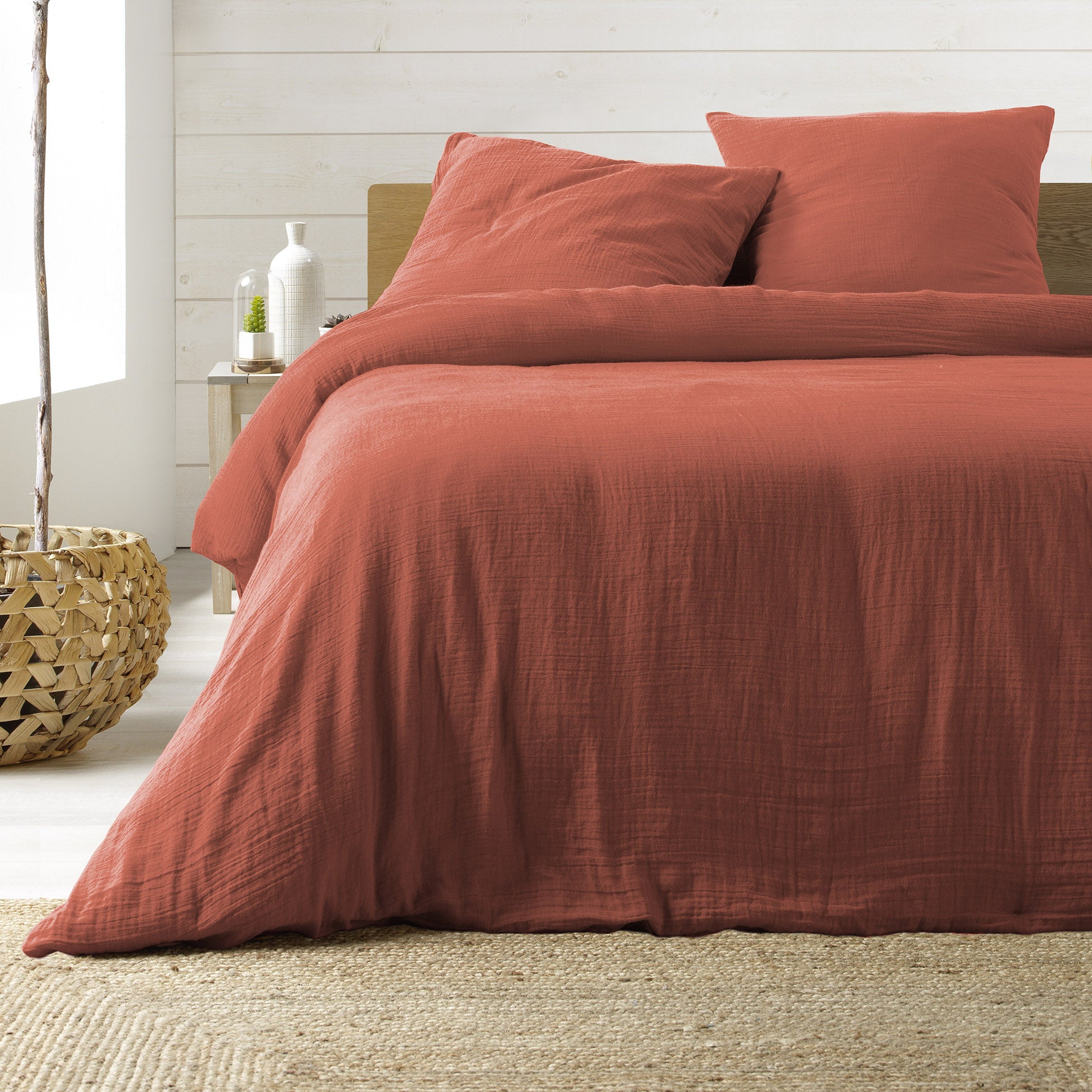 Parure de lit 260 x 240 cm Sienna Terracotta + 2 taies 63x63 cm – Double face gaze de coton & coton 57 fils - 2