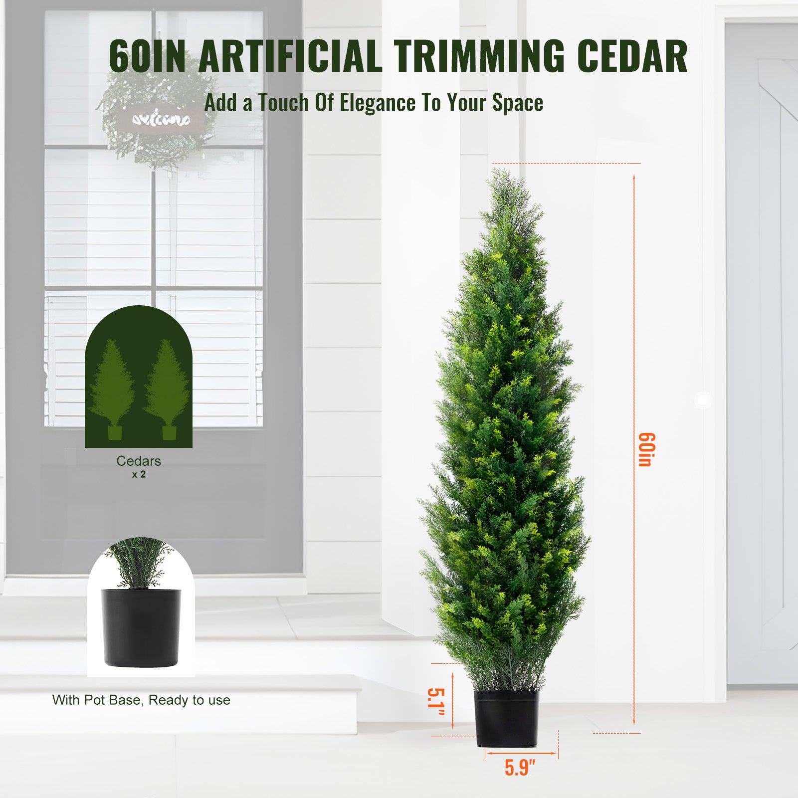 Set di SucceBuy 2 alberi topiari artificiali in cedro 152,4 cm,finti pini e cipressi sempreverdi con foglie extra e vaso,verde artificiale - 8