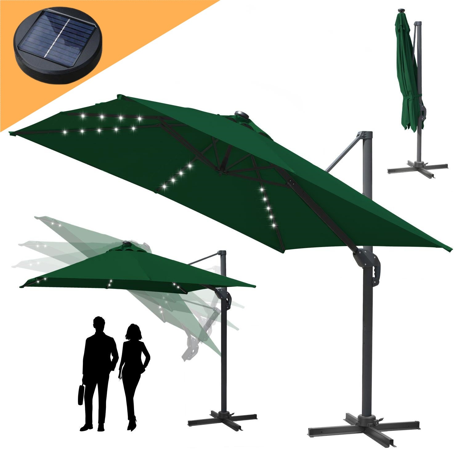 Parasol obrotowy Ø3 m, uchylny, LED, obrót 360°, parasol handlowy, zielony