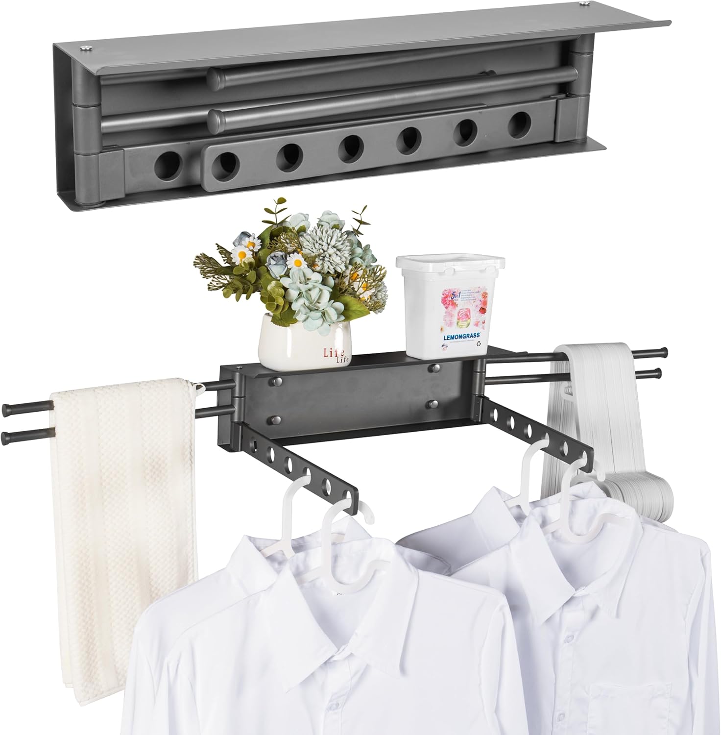 Suszarka do ubrań montowana na ścianie | Składana suszarka ścienna o długości 40 cm z 6 regulowanymi drążkami | Łatwy montaż, regulacja od 10 do 30 c