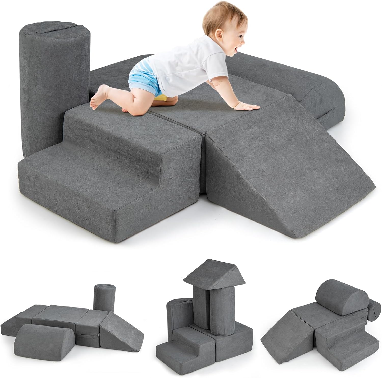 GOPLUS Parcours Motricité Bébé 6 Pièces En Mousse 30D – Housse Chenille Antidérapante, Poignées – Jouet Montessori évolutif 1-10 Ans