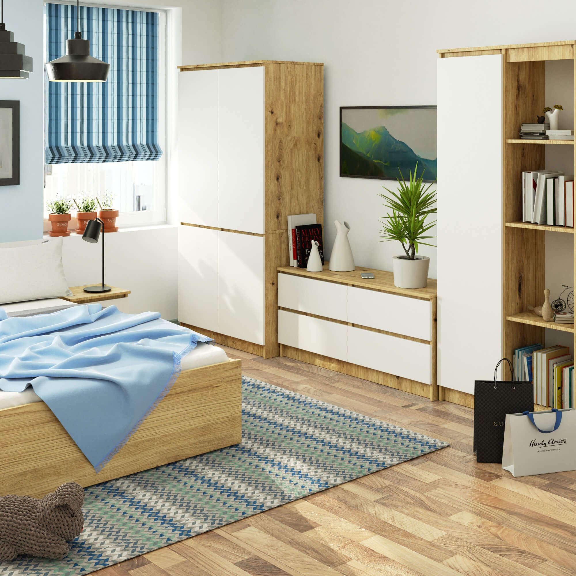 Armoire AKORD S90 Chêne Artisan 90 cm 4 portes façade Blanche 4 étagères 90x51x180 cm - 4