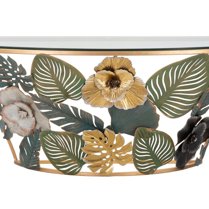 Półokrągła konsola ścienna ze złotego metalu ze szklanym blatem i wielokolorowymi dekoracjami w postaci liści i kwiatów - 120x40,5x37,2 cm