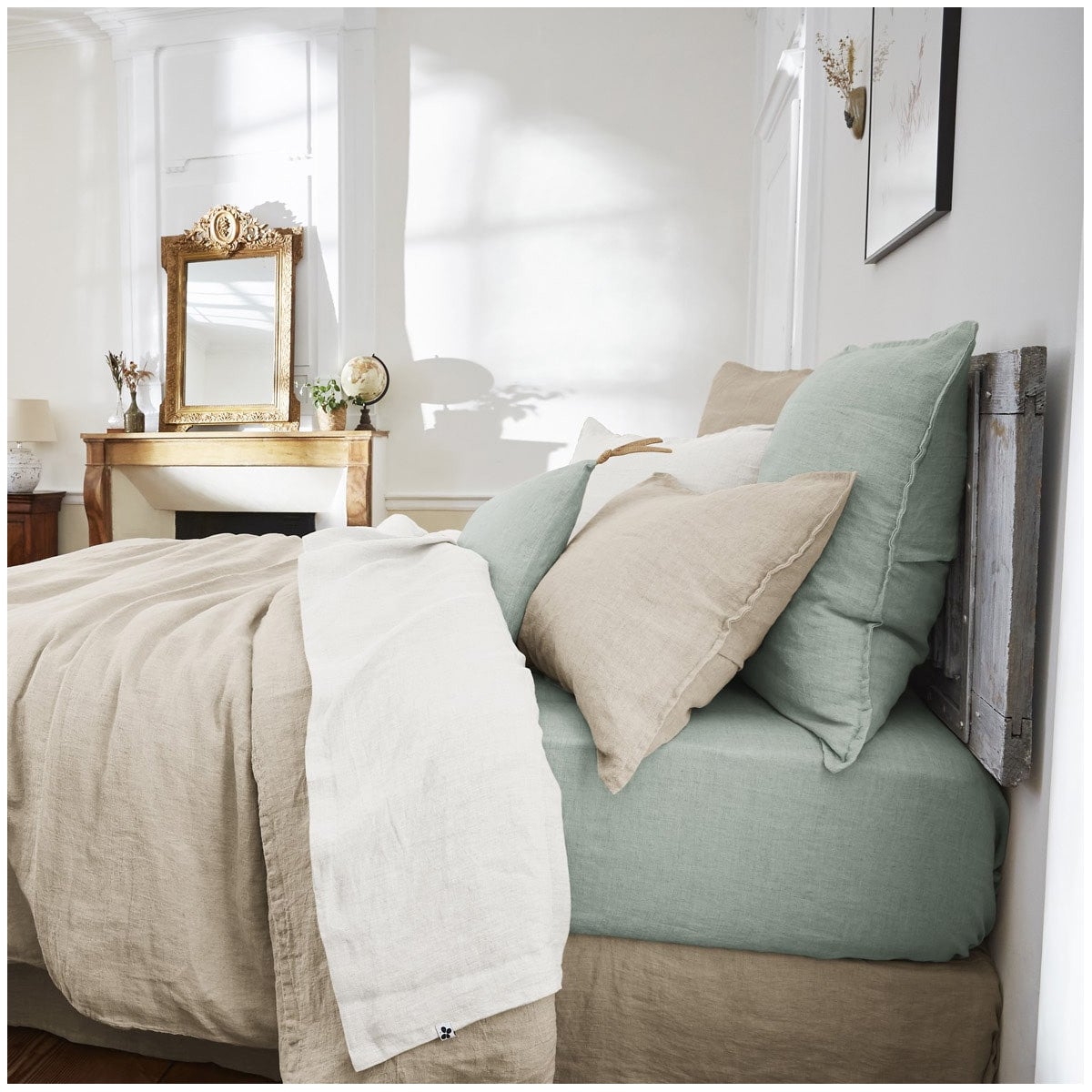 MARGAUX - Drap Housse 140x190cm Lin Lavé Coloris Eucalyptus - 3