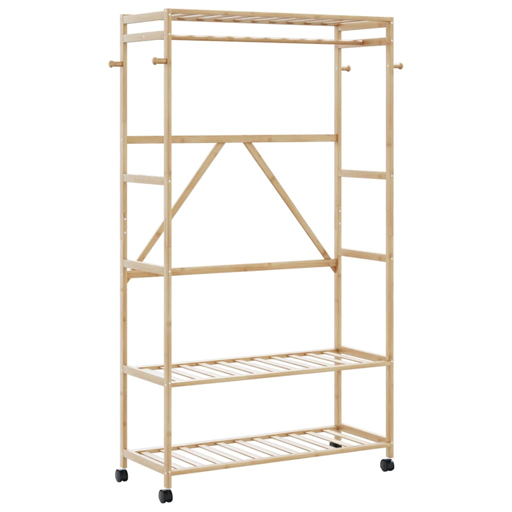 Porte-vêtements, Portant à Vetement et étagères et roulettes 110x40x180 cm bambou - 2