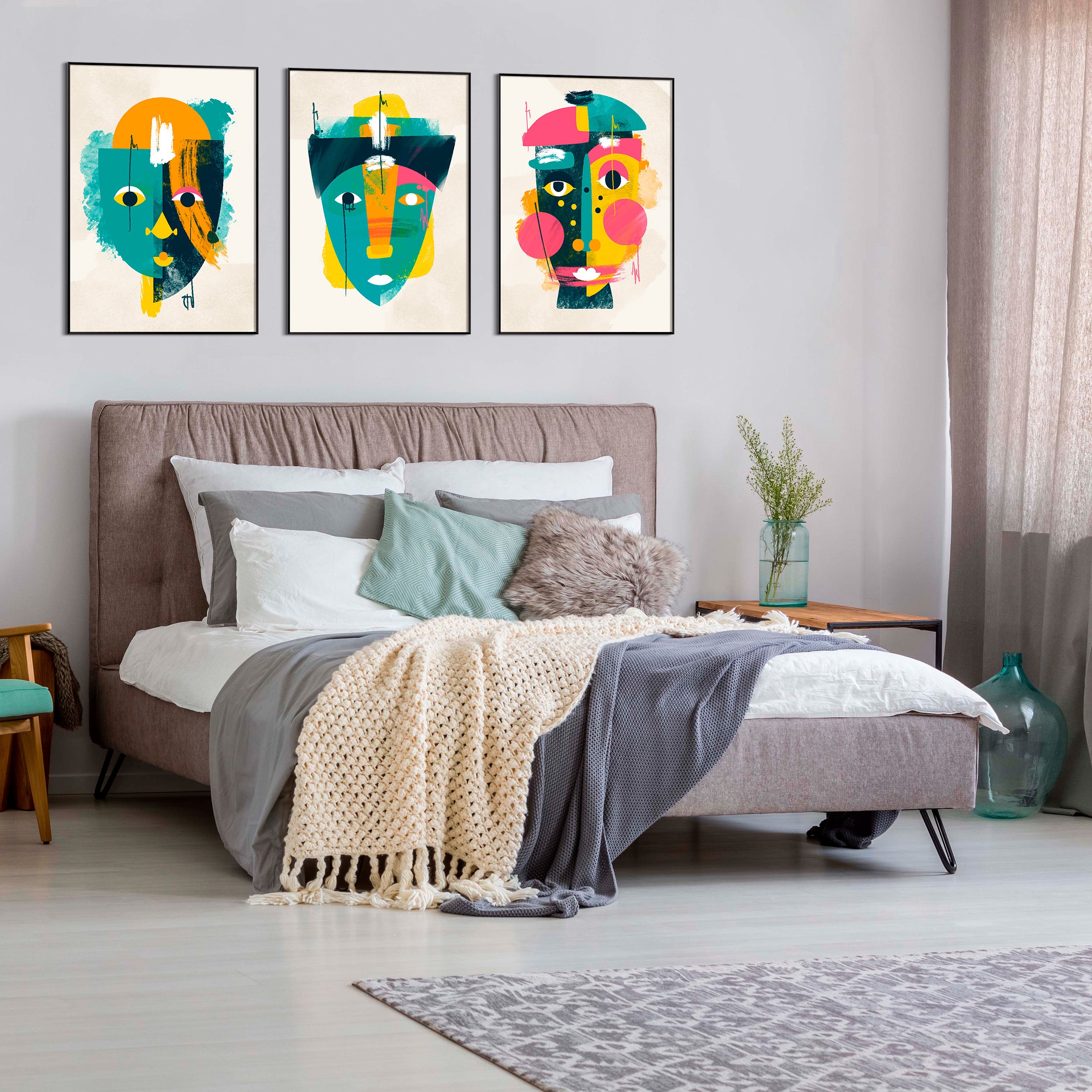 DekoArte - Cuadros decoracion salon modernos CARAS PICASSO 50x70 cm x3 piezas - Cuadros con marco negro incluido - 2