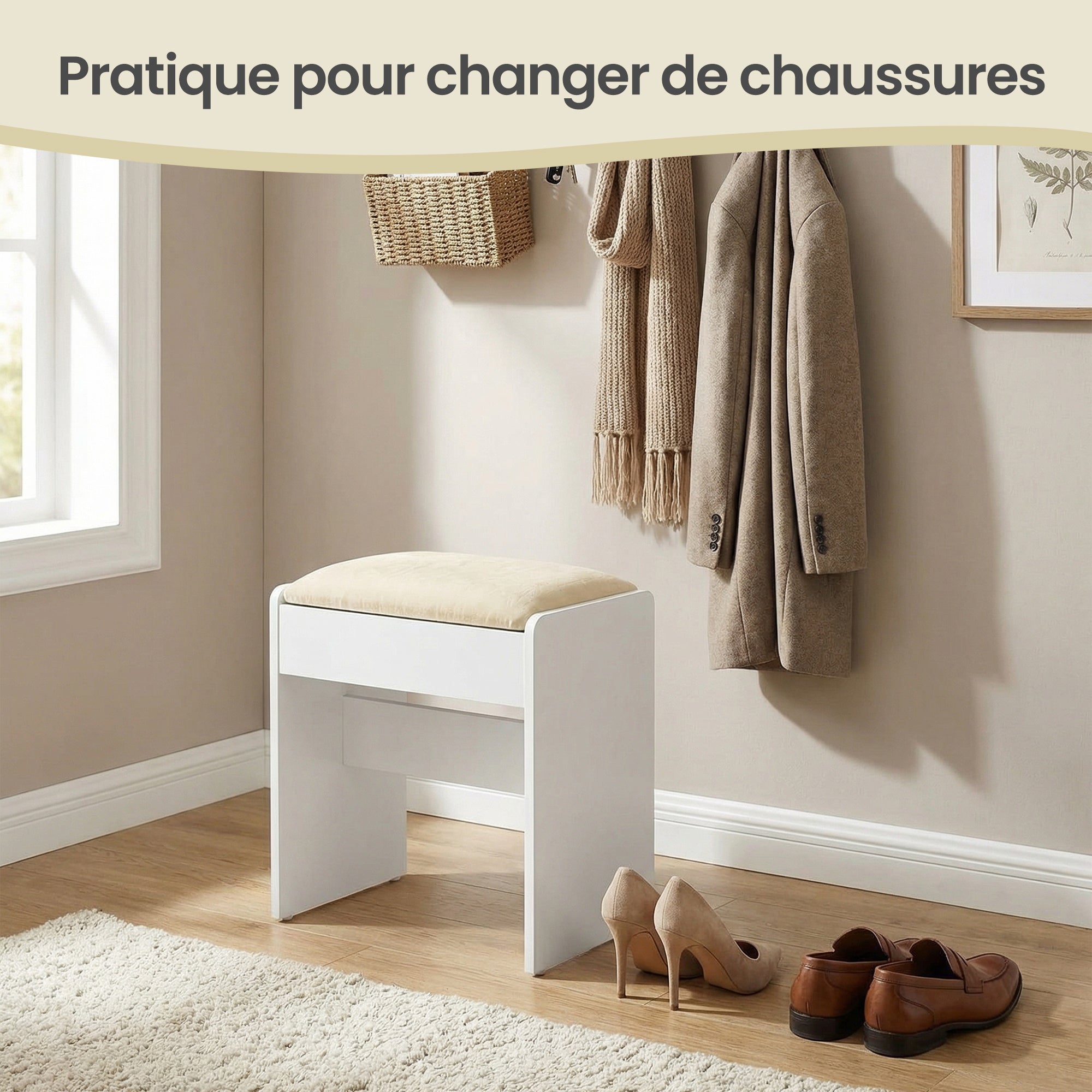 Tabouret de Maquillage en Velours, Rembourré, Style Moderne, pour Chambre, Entrée, Repose-pieds, Blanc et Crème - 4