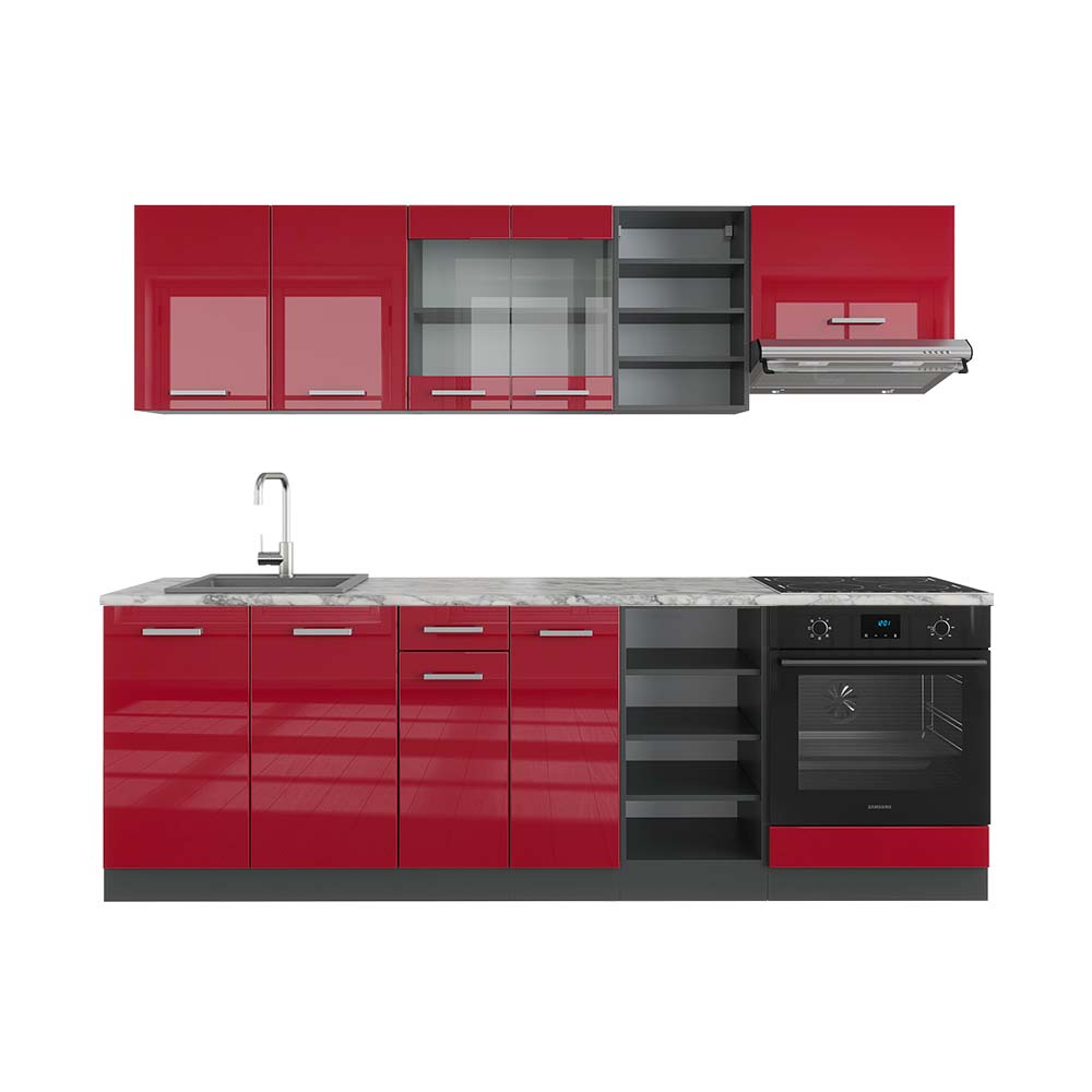 Vicco Zabudowa kuchenna R-Line, Czerwony wysoki połysk/antracyt, 240 cm , BP Marmur