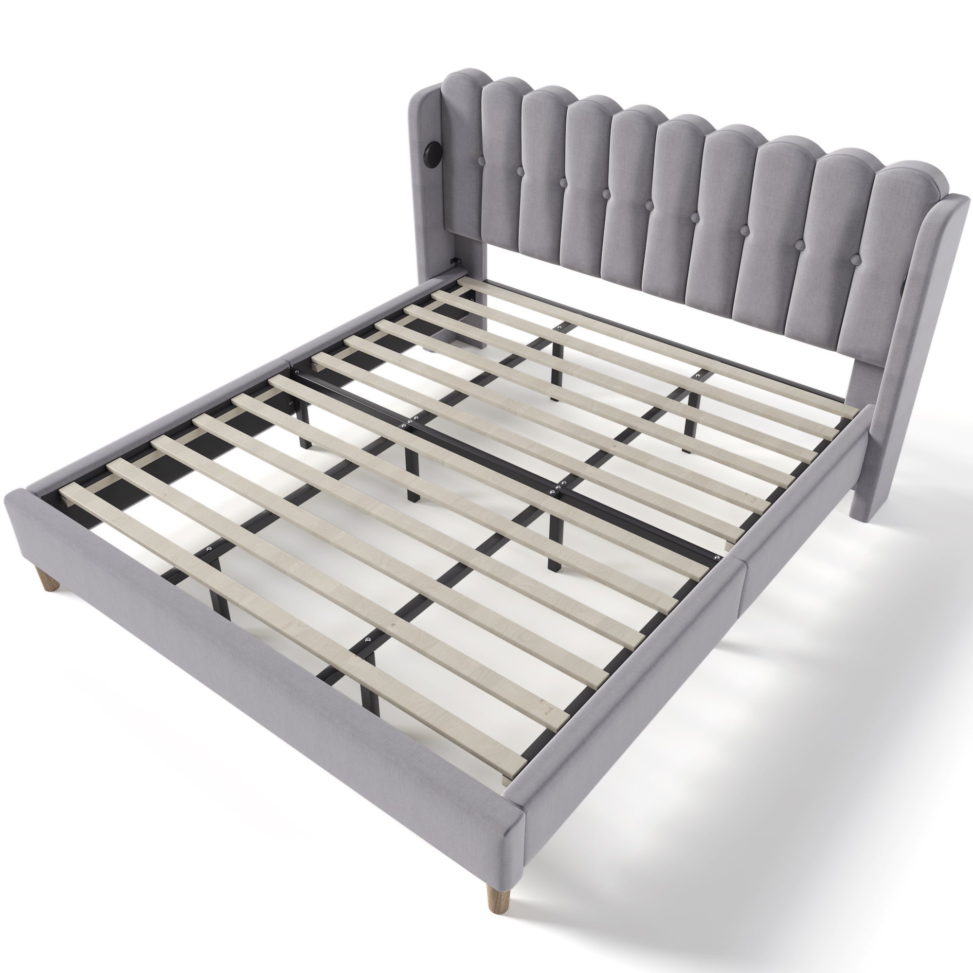 Lit double 180x200 cm tête de lit rembourrée avec chargement USB Type-C sommier en lin gris (sans matelas) - 5