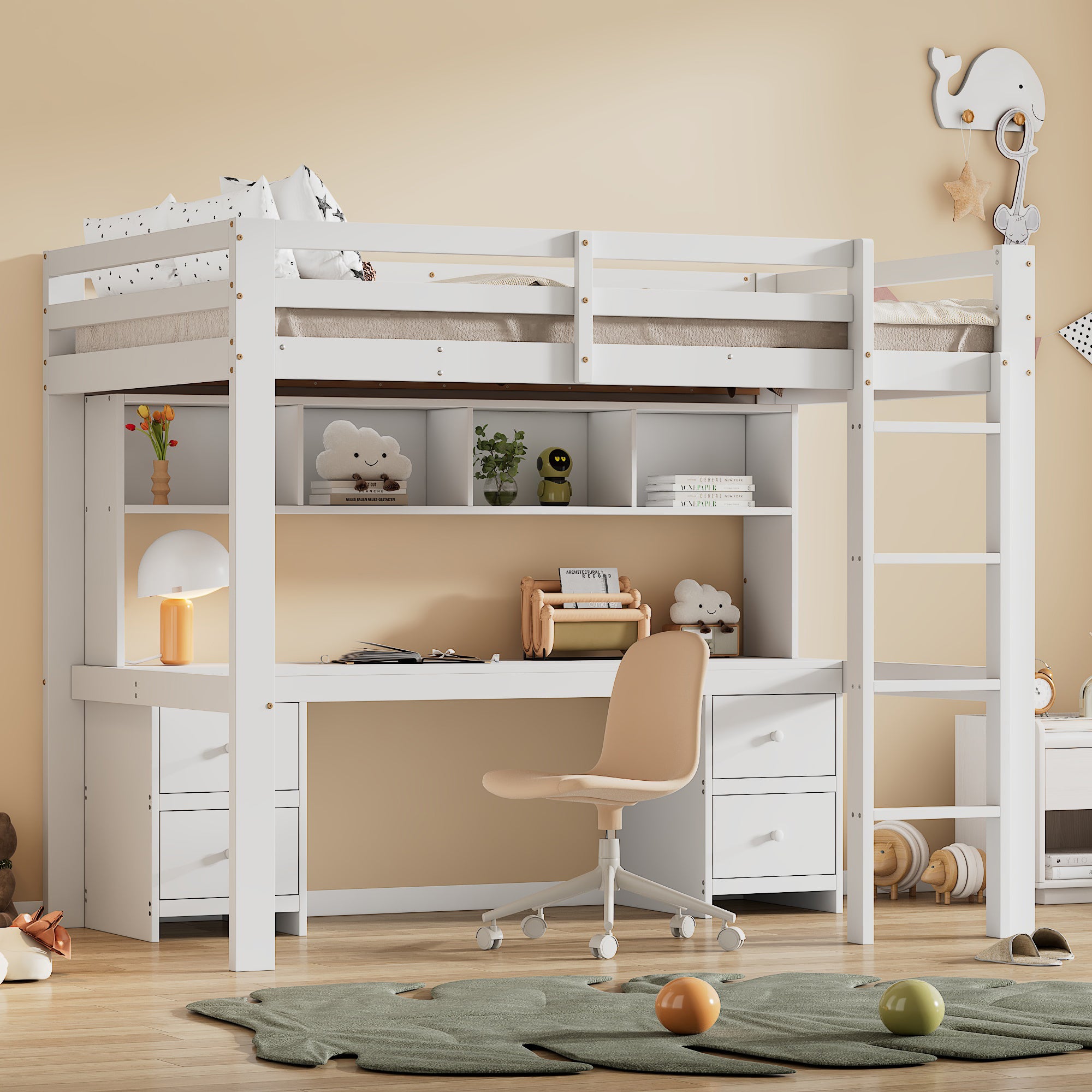 Lit mezzanine 90 x 200 cm avec table, Lit Superposé en bois avec grand espace de rangement, lit en pin avec rampe haute, blanc (sans matelas) - 2