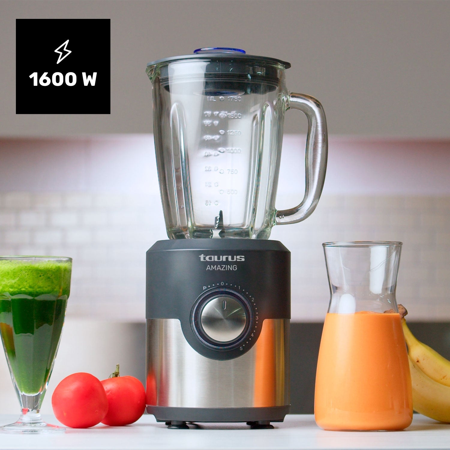 Blender Taurus Amazing – JB1600XC | 1600 W | Bol en verre de 1,75 L | 5 vitesses + Turbo | 6 lames en acier inoxydable | Fonction glace pilée | Éclair | Leroy Merlin