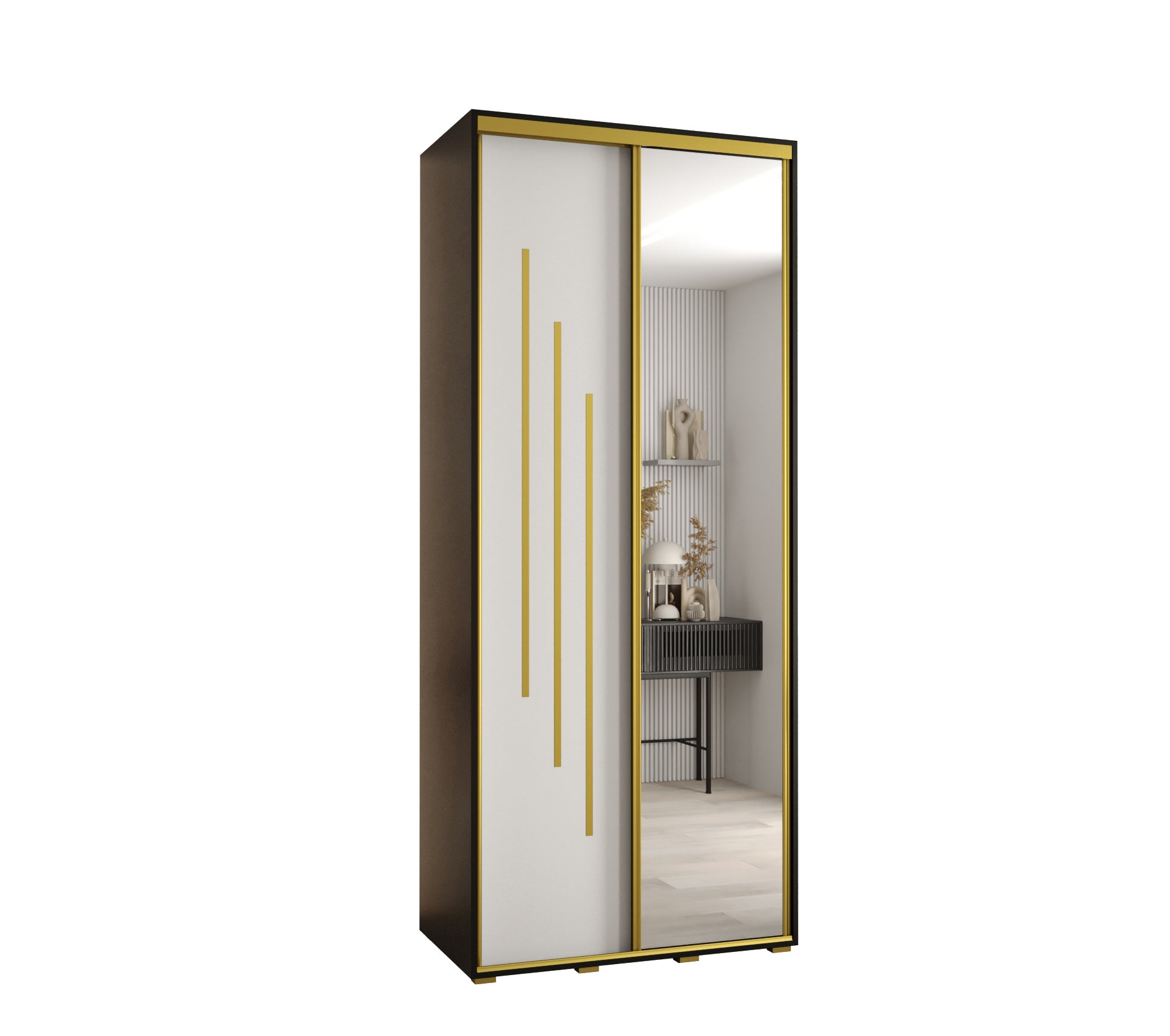 Szafa przesuwna z lustrem wysoka Davos 9 100 x 60 x 235,2 cm czarny + biały + u. złoty - Abiks Meble