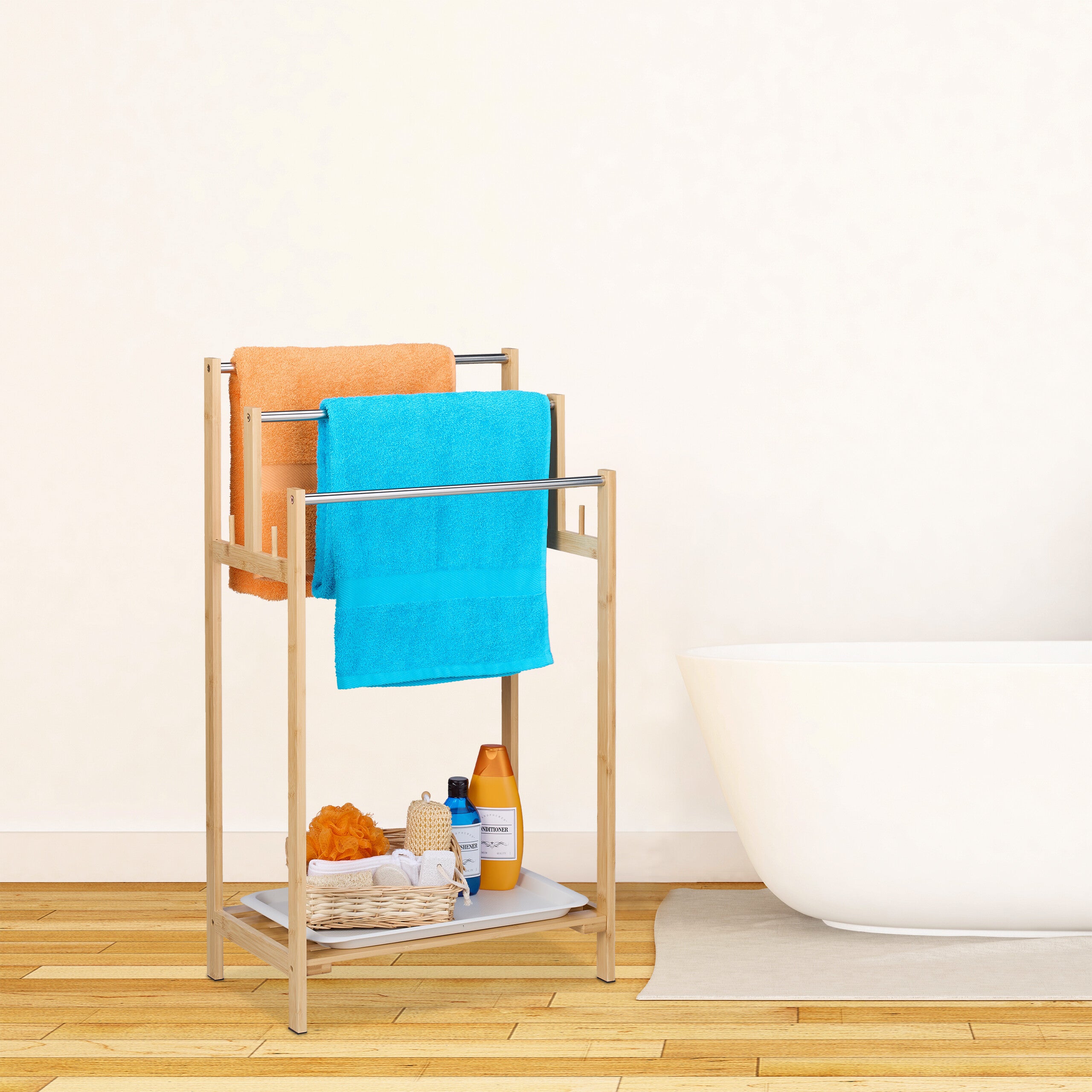 Portasciugamani Da Terra Relaxdays - In Bambù, Con Ripiano, Ideale Per Bagno O Camera - Foto 14