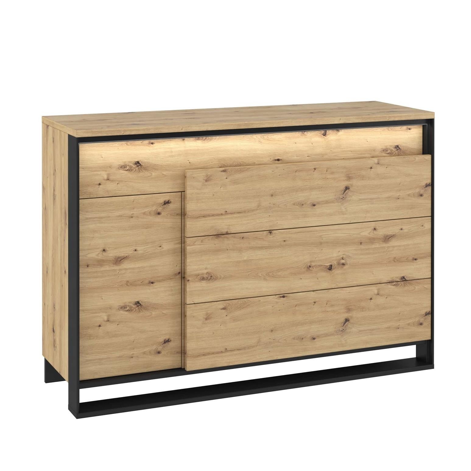 Komoda jednodrzwiowa z szufladami QUARO z LED – dąb artisan, praktyczna