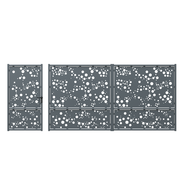 Cancello in metallo con pannello decorativo in lamiera 2 mm modello 43 nero 387 x 180 cm ( L x H) Portale con set di accessori incluso