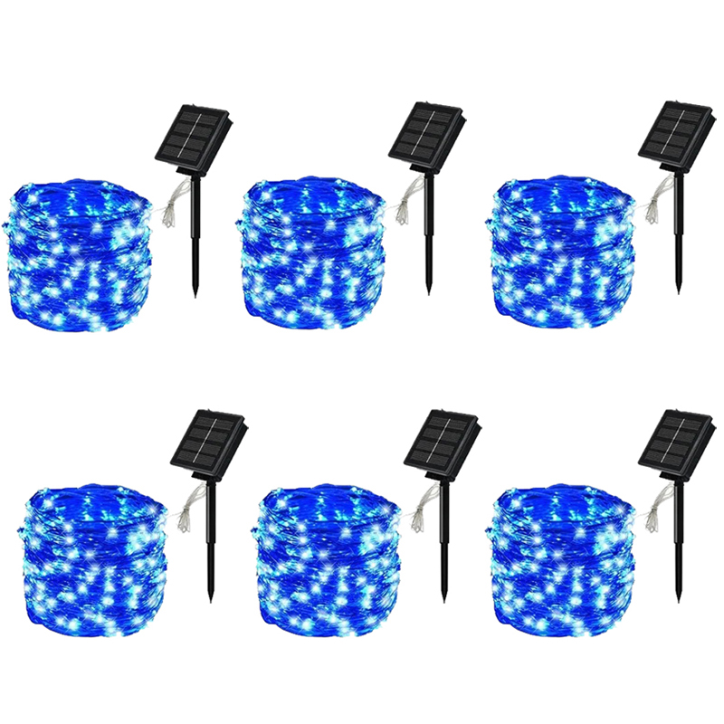 6Pcs 20 m 200 LED 8 Modes Solar LED Outdoor Light Festoon Garden Lamp Fairy Garland Light Wodoodporna girlanda bożonarodzeniowa Yard Light, niebieska