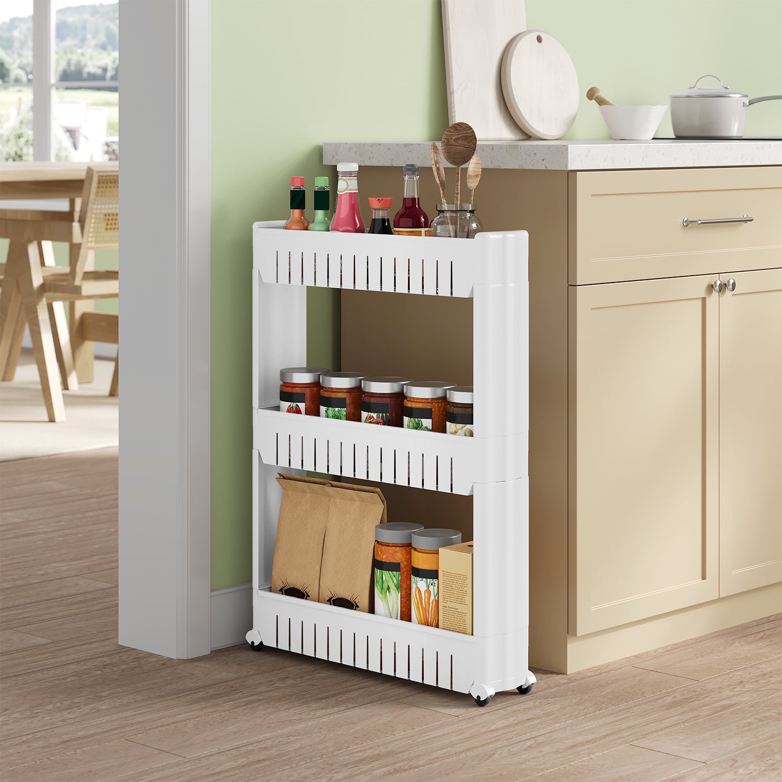 Chariot de rangement à 3 niveaux sur roulettes blanc et couleur boisée | Maisons du Monde