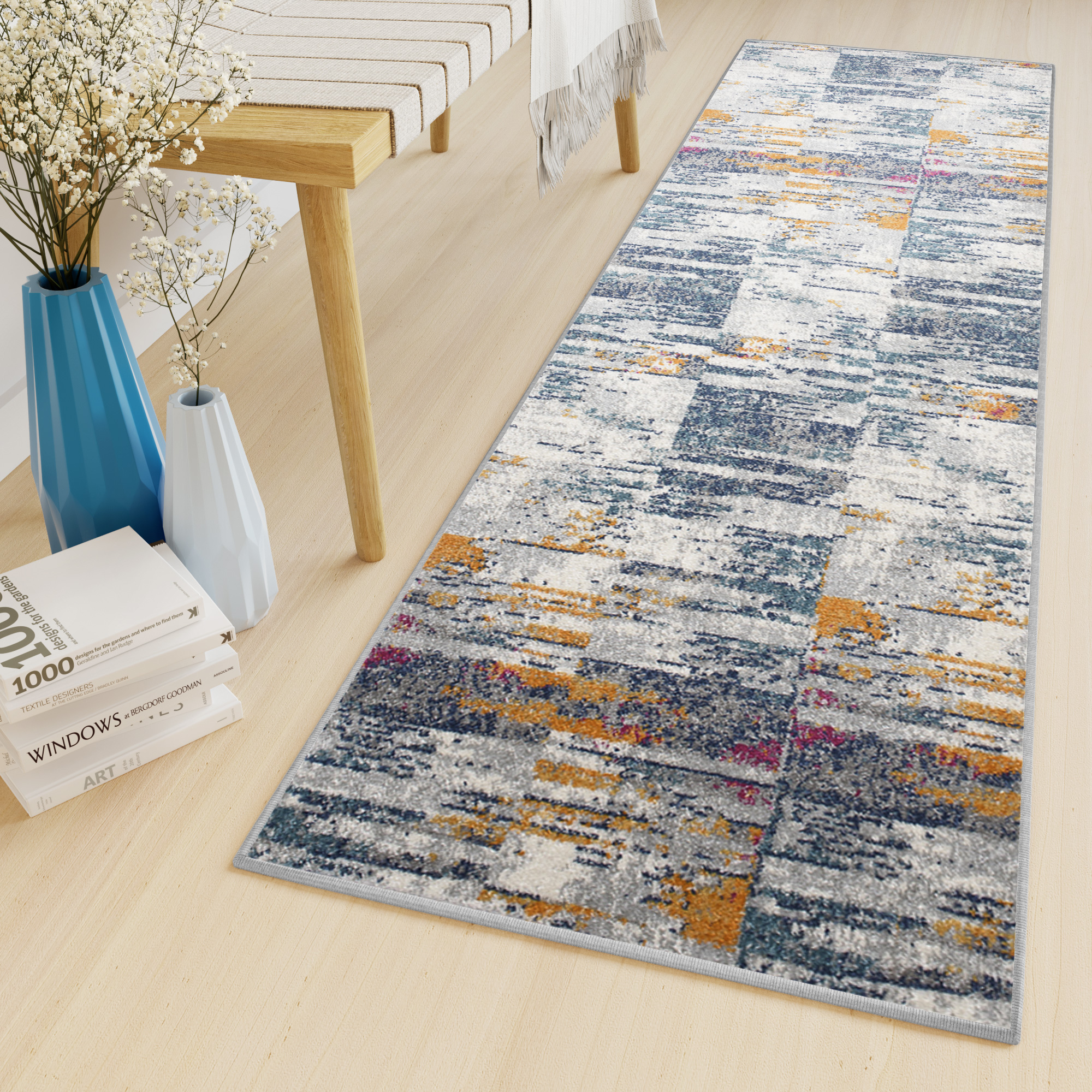 Tapiso lazur alfombra de pasillo corredor moderna azul oscuro crema gris naranja geométrica 80 x 130 cm