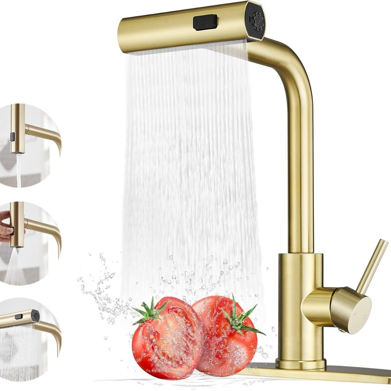 Jednouchwytowa bateria kuchenna z wyciąganą wylewką, ciepła i zimna woda, złota (3 funkcje)