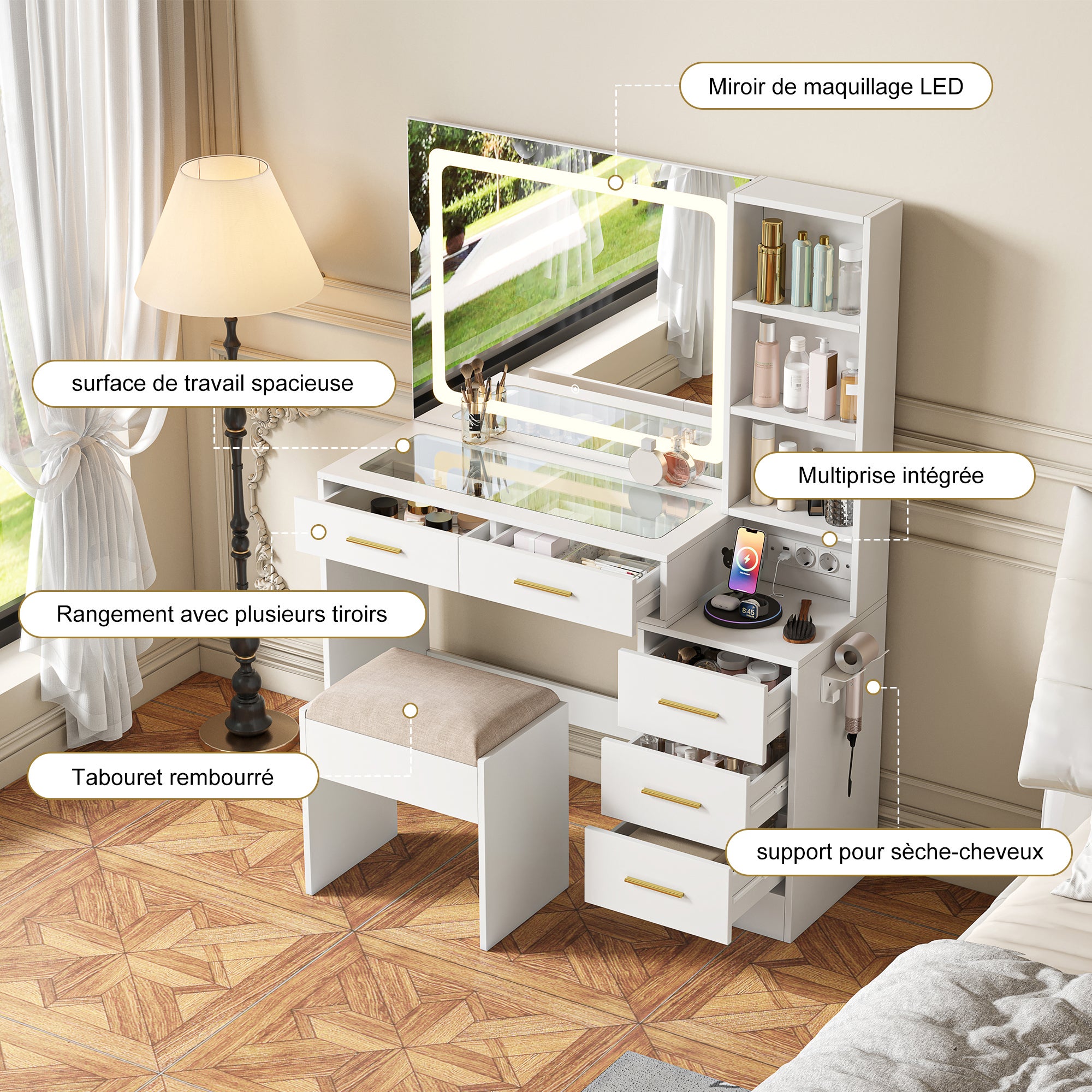 Coiffeuse, grand miroir de maquillage LED multicolore, station de recharge, tabouret inclus, 5 tiroirs avec poignées, étagères réglables - blanche - 6