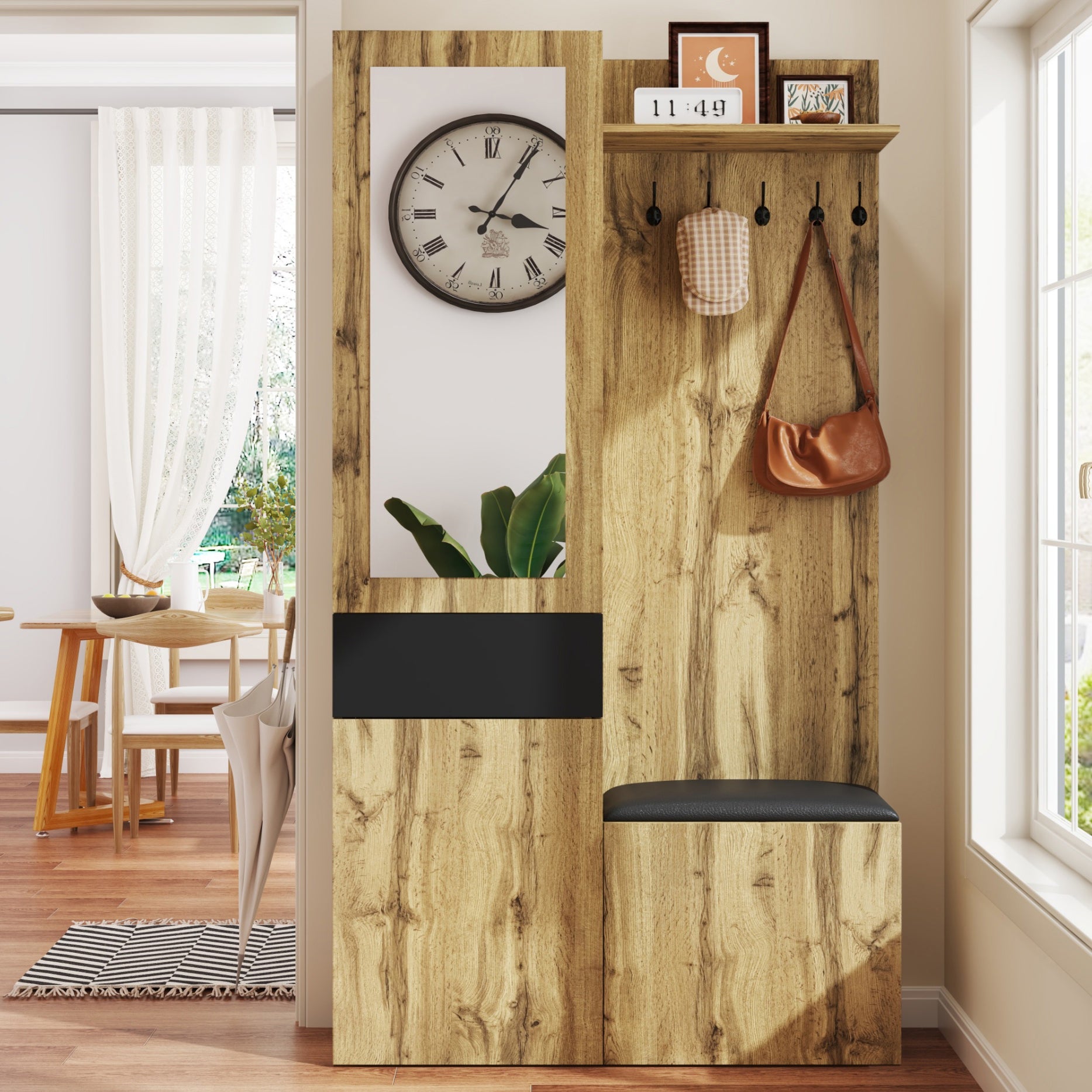 Ensemble meuble à chaussures avec banc + miroir + porte-manteau - 98,5 L x 38 l x 191 H cm - 3 portes et 1 tiroir - MDF - Naturel + noir - 6