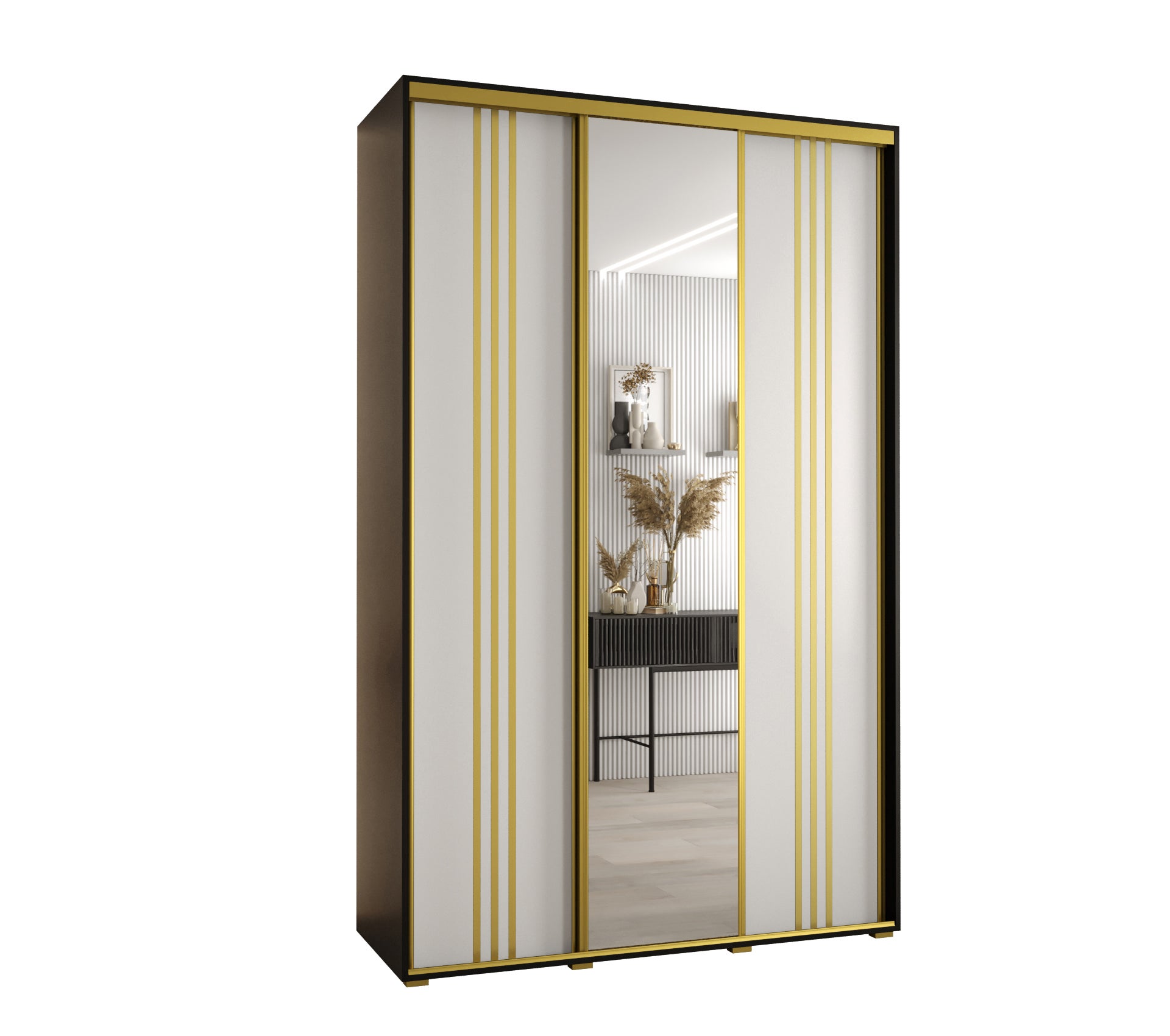 Szafa przesuwna z lustrem wysoka Davos 7 150 x 45 x 235,2 cm czarny + biały + u. złoty - Abiks Meble