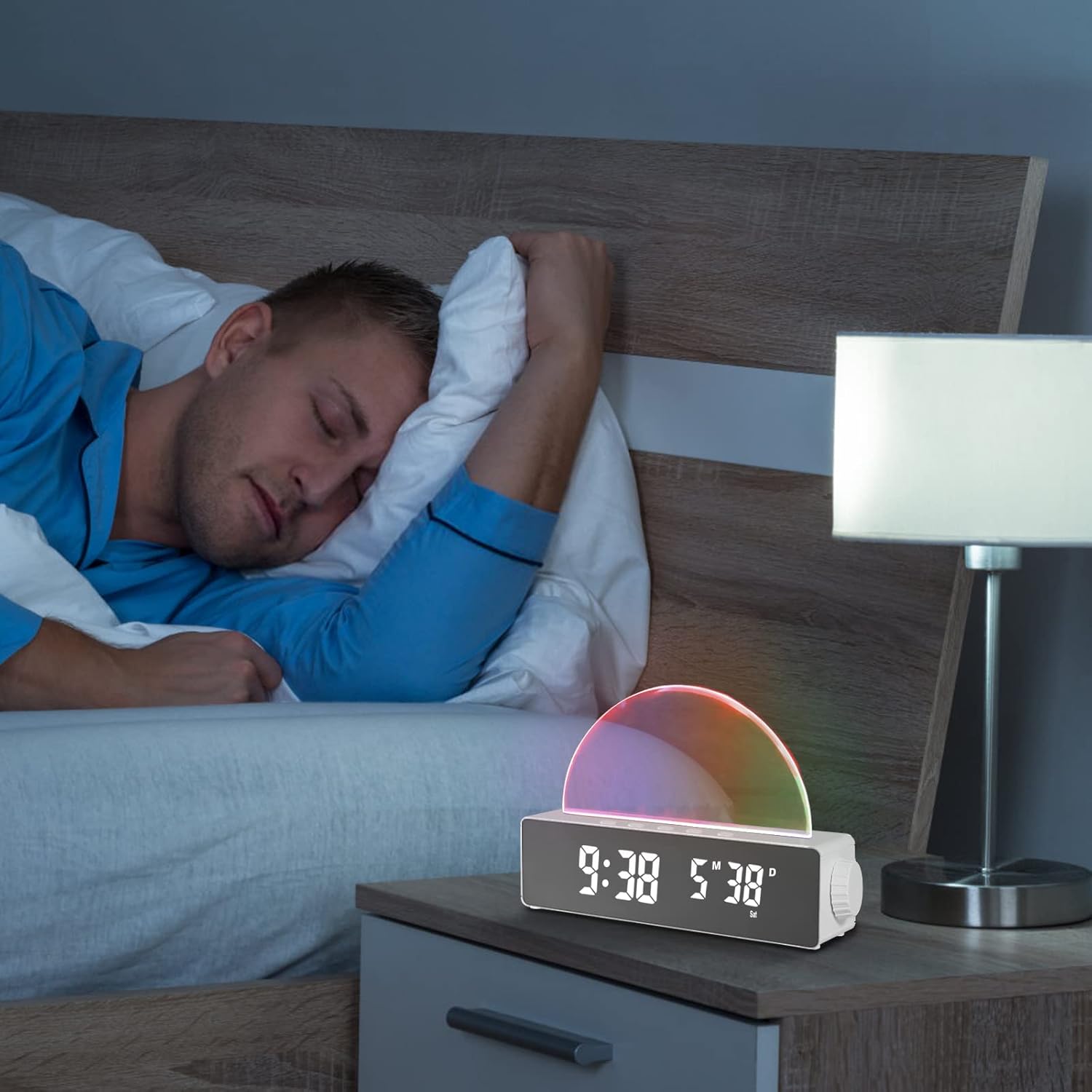 Réveil lumineux avec 10 modes de couleur, horloge numérique LED avec date/température, port de chargement USB, fonctions snooze et mode nuit (blanc) - 5
