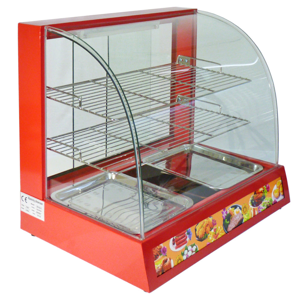 Vitrina calienta comida eléctrica 60cm con 2 bandejas acero, luz interna, 2 puertas corredizas+2 expositores calentador