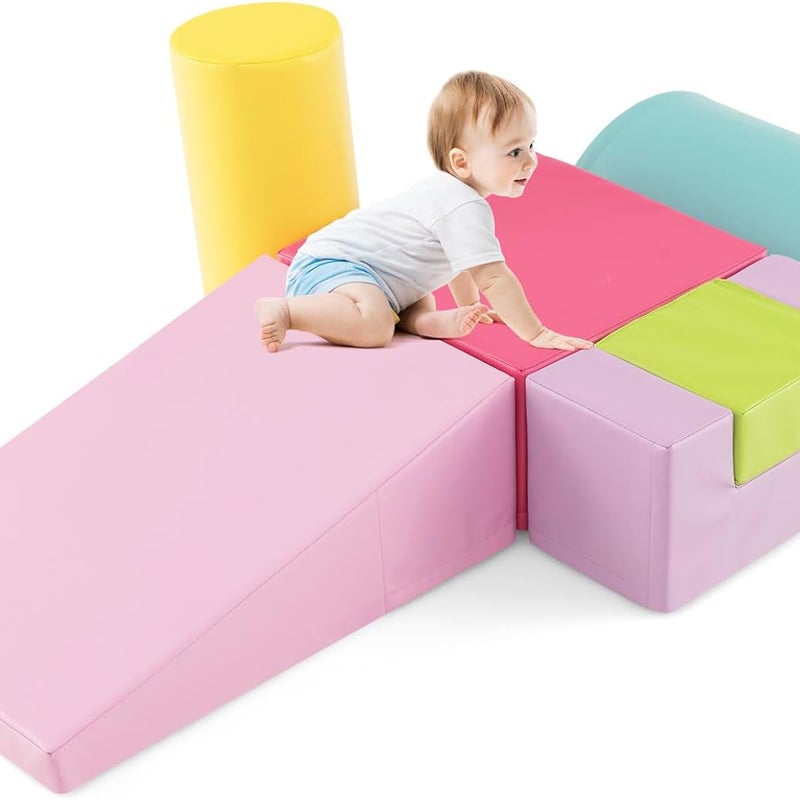 6 Szt. Tor Przeszkód dla Niemowląt, Moduł Motoryczny z Pianki, Zabawki Edukacyjne z Pokrowcem z PU i Wypełnieniem z EPE, Różowy + Zielony