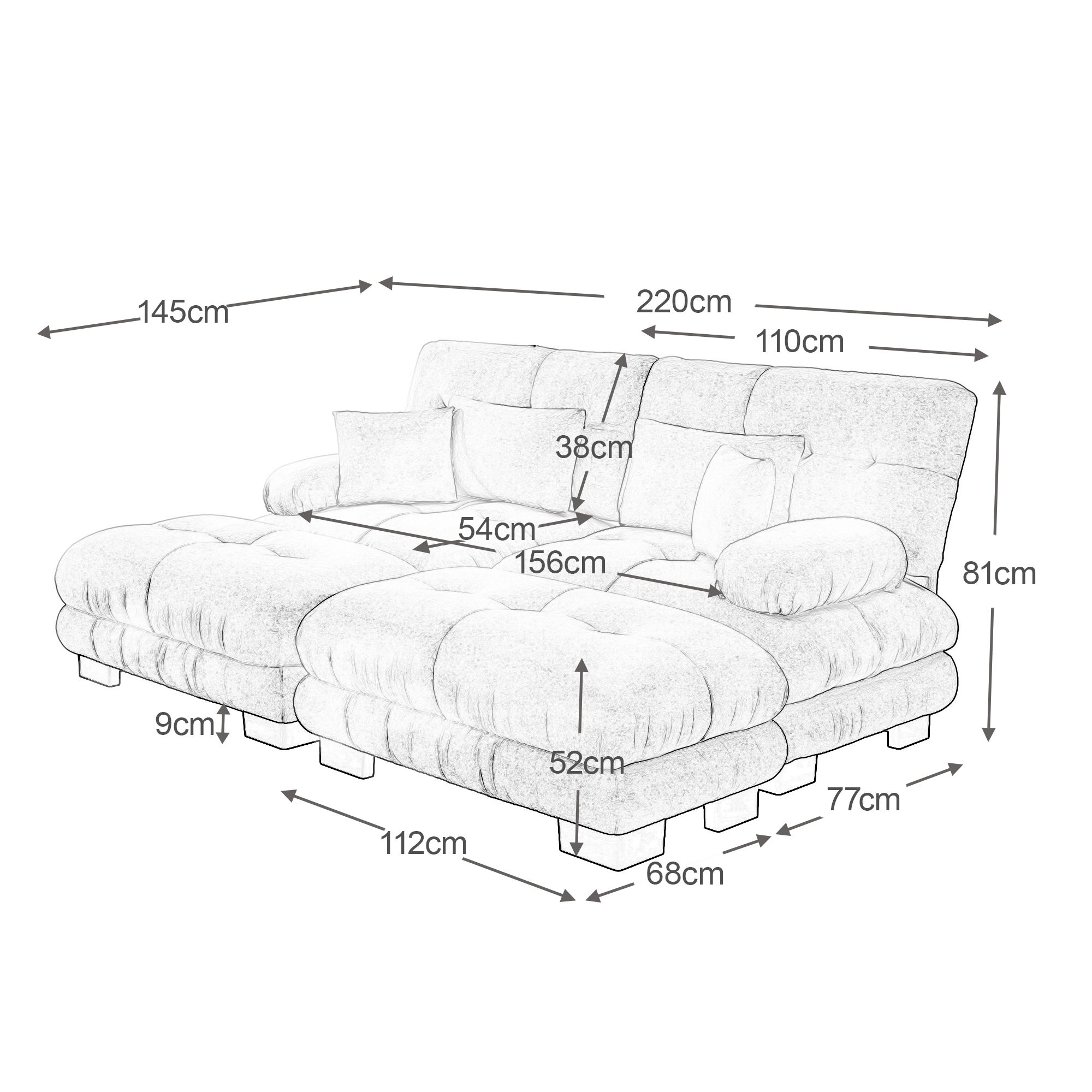 Canapé d\'angle deux places, avec 2 coussins lombaires et 2 coussins décoratifs, avec larges accoudoirs et 2 poufs – chenille – gris - 6