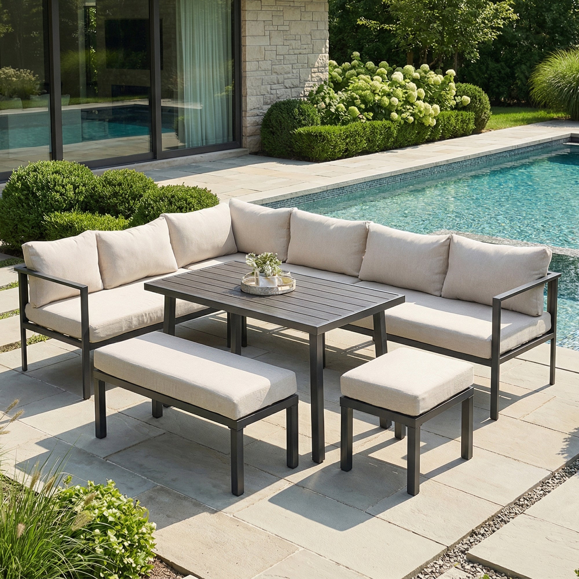 Salon de Jardin 8 Places - Canapé 6 Places + Banquette + Fauteuil + Table WPC - Structure Acier Galvanisé - beige - 3
