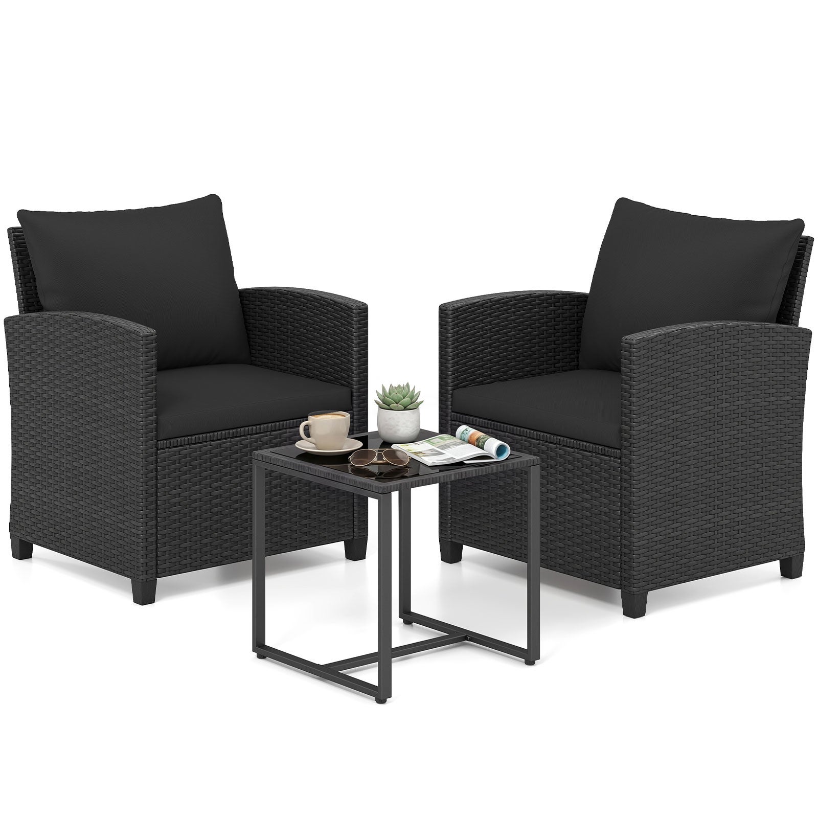 Set de mobilier de grădină pentru exterior, pentru 2 persoane, 2 fotolii cu perne detașabile și o masă joasă blat sticlă securizată, negru+negru