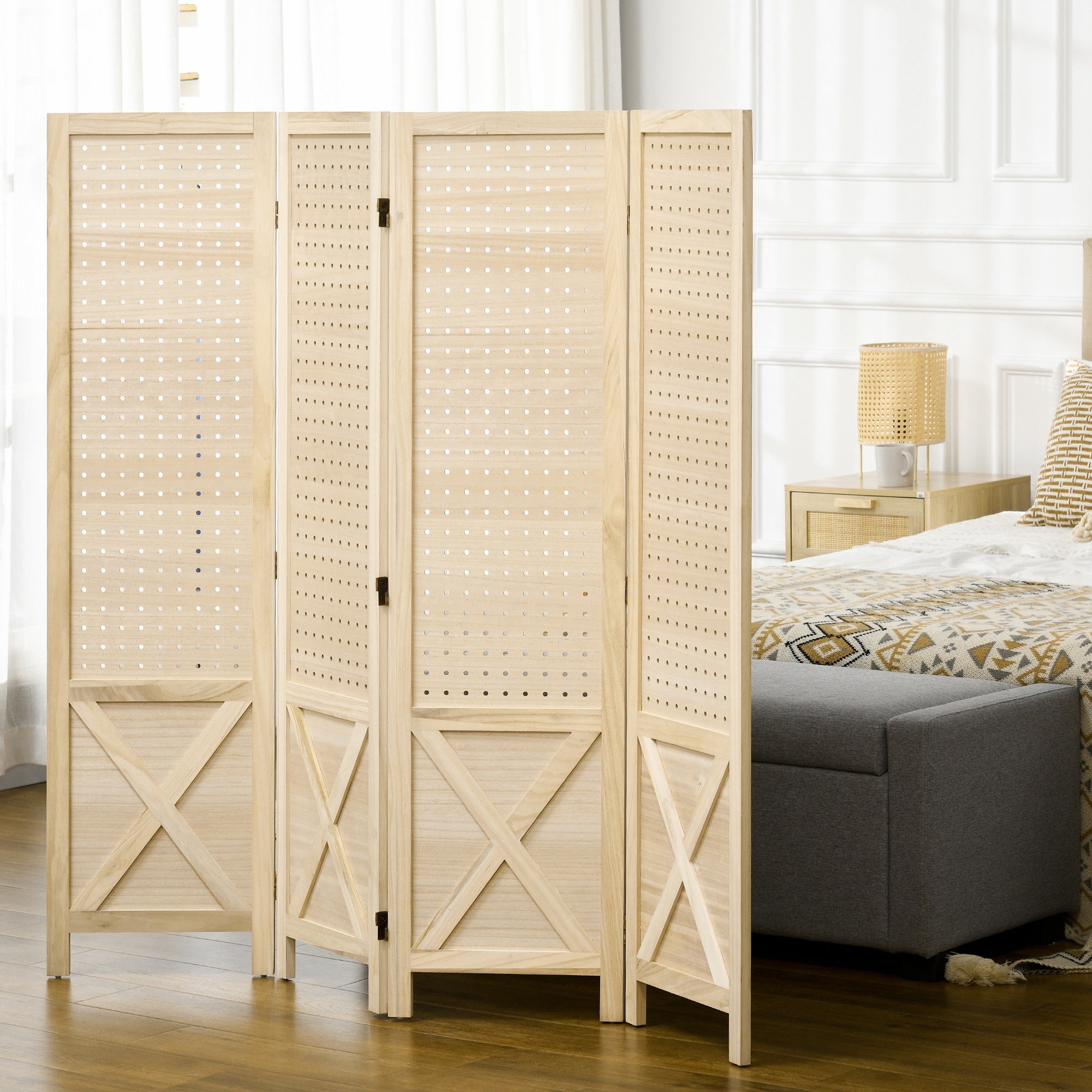Paravent intérieur en bois 4 panneaux séparateur de pièce pliable panneau perforé 152x1,7x144,5cm bois naturel - 4