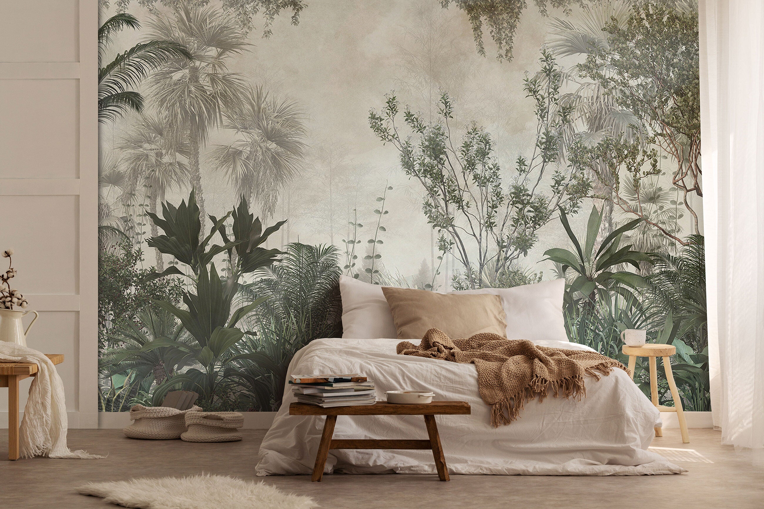 Papier Peint Intissé Panoramique Vintage Jungle Plantes Feuilles 312x219 cm - Colle Inclus - Chambre et Salon - Moderne Trompe l'oeil - 2