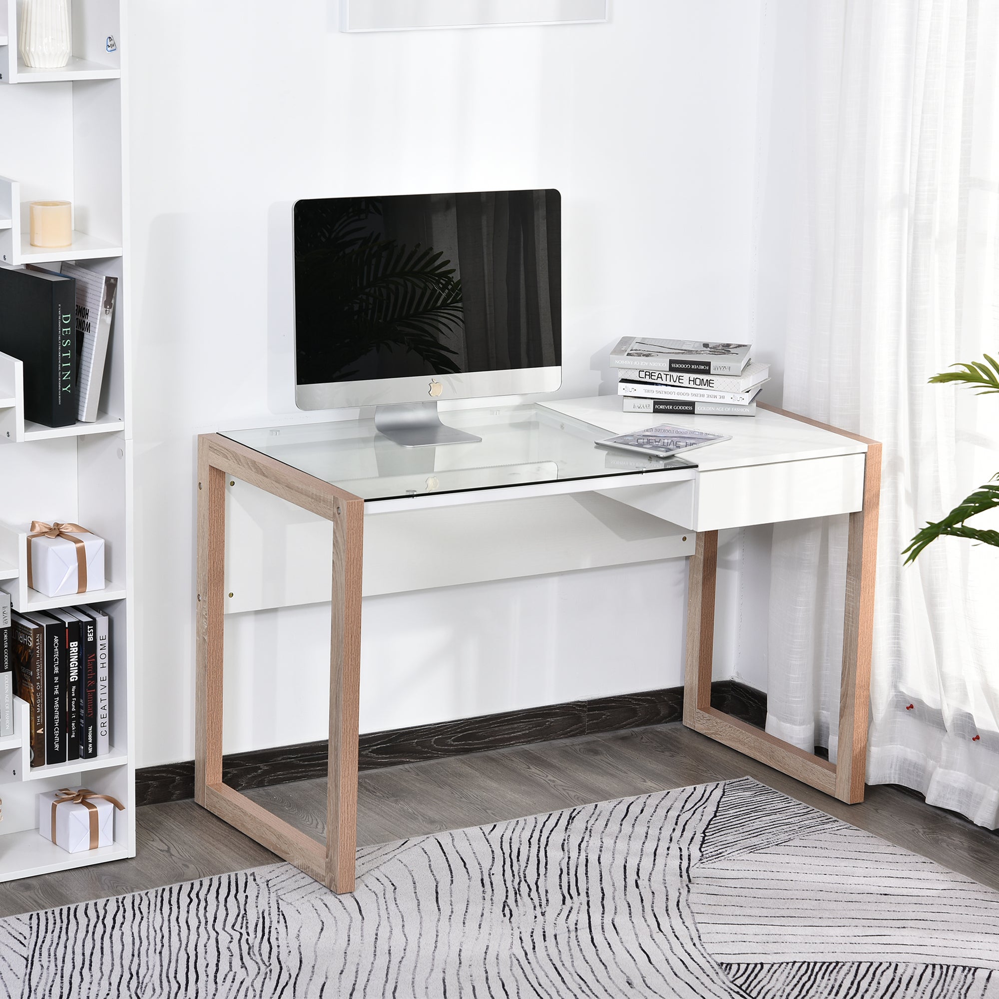 Homcom Blanco Escritorio De Melamina Vidrio Templado 120X60x75 Cm - Imagen 2