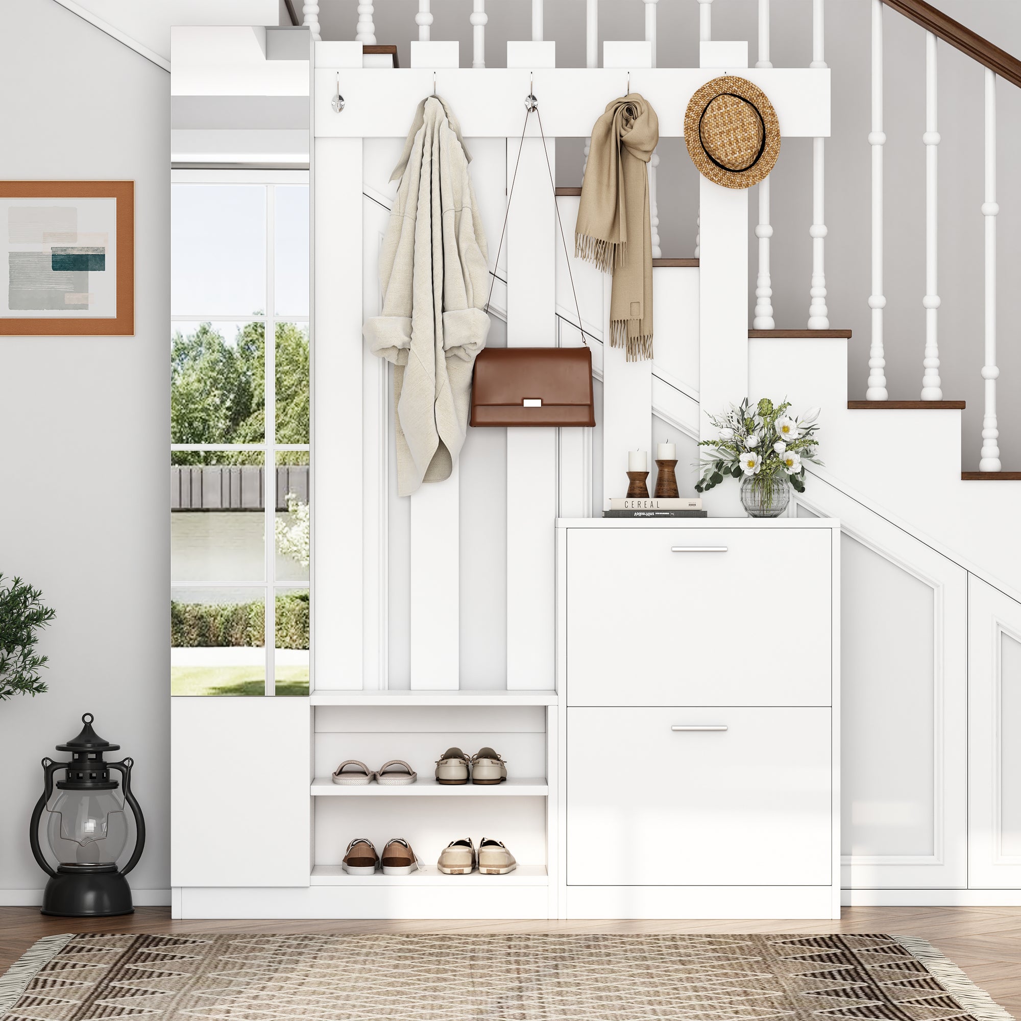 Ensemble meuble à chaussures avec miroir + banc + 2 armoires et penderie - 135 x 25 x 180 cm - Panneau de particules - Blanc - 3