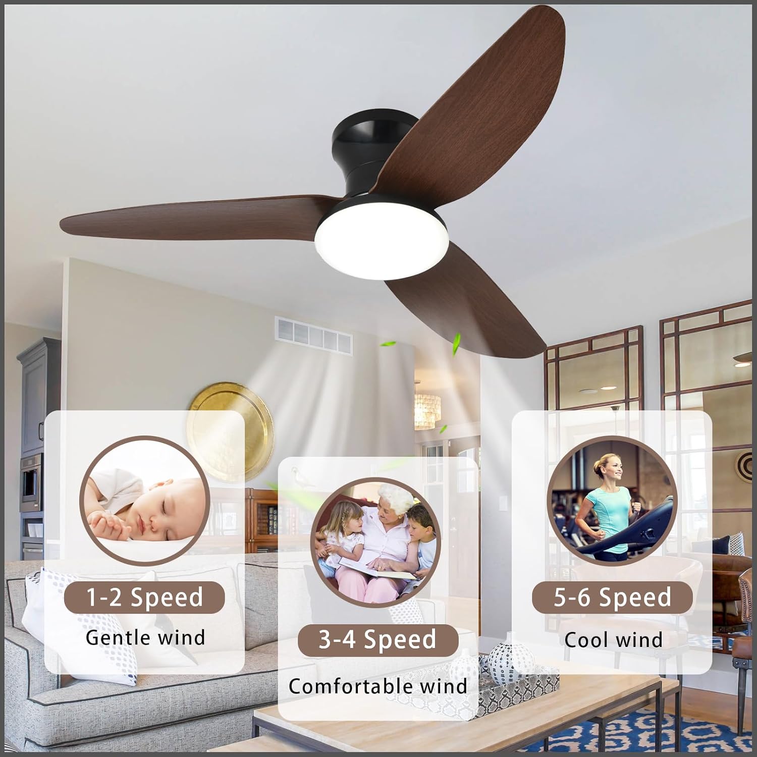 Ventilateur de plafond 100 cm avec lumière, télécommande/contrôle par application, gradation continue, 6 vitesses de vent, minuterie, réversible - 7