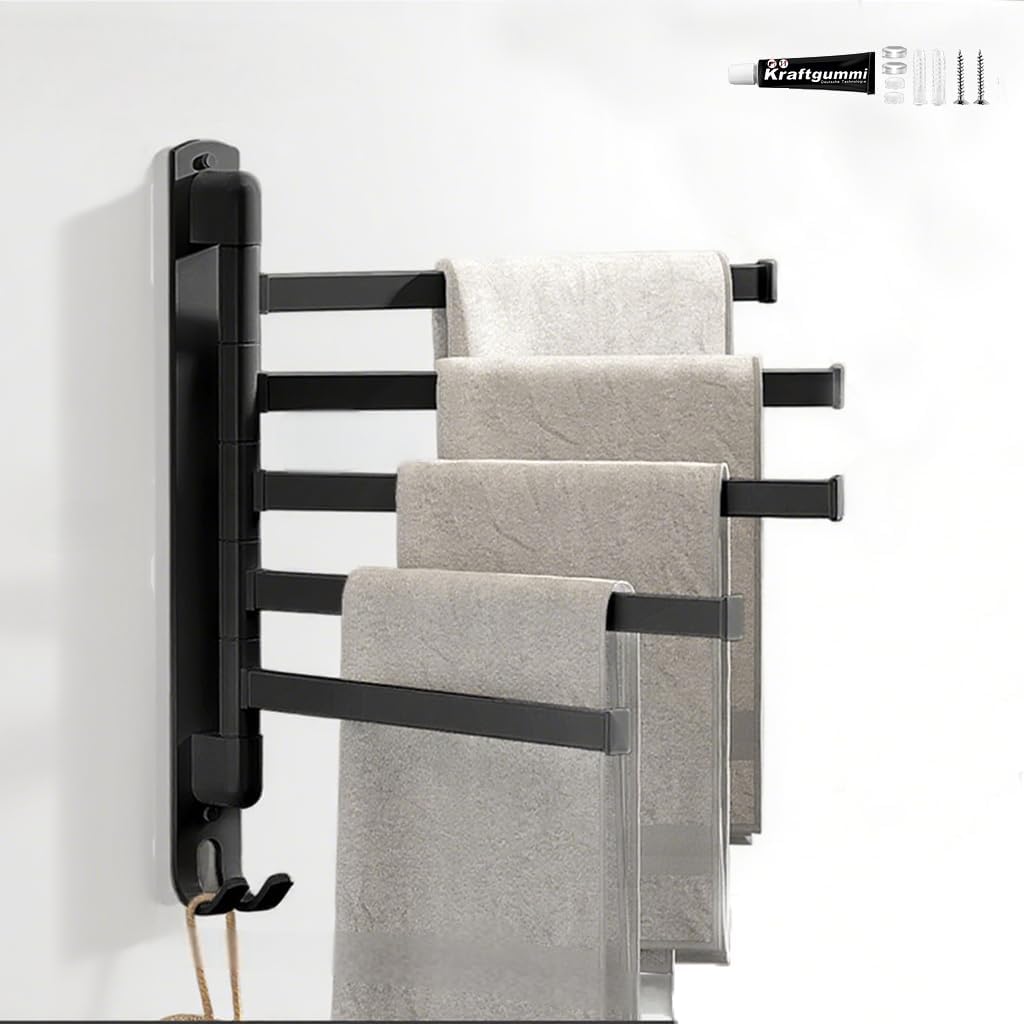 Samoprzylepny wieszak na ręczniki bez konieczności wiercenia, wykonany ze stali nierdzewnej, obrotowy o 180°, z 5 ramionami obrotowymi, odpowiedni do