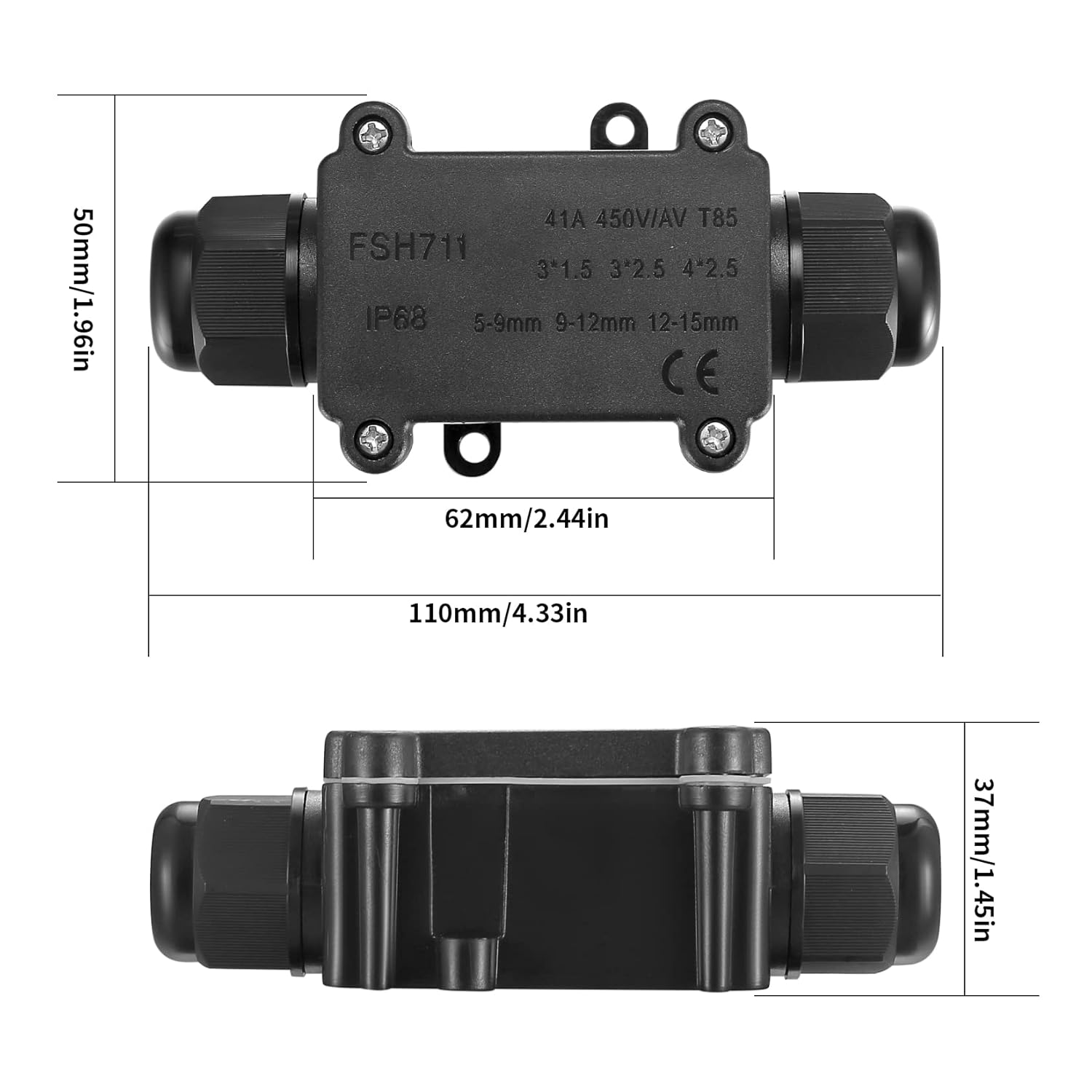 Quadro Elettrico Interno Scatola Di Giunzione Impermeabile IP68 Esterno - Per Cavi 5-15 Mm, 2 Vie, Nero, Policarbonato, M20