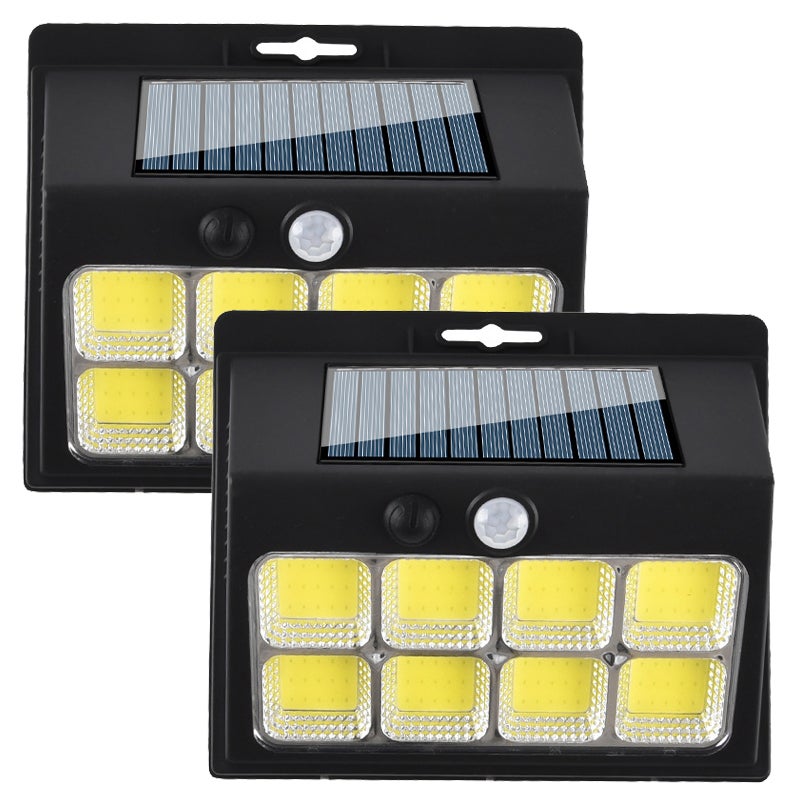 Zestaw 2 solarnych lamp zewnętrznych z czujnikiem ruchu, solarne lampy ścienne bezpieczeństwa z 3 trybami do ogrodu przy ogrodzeniu, 128LED