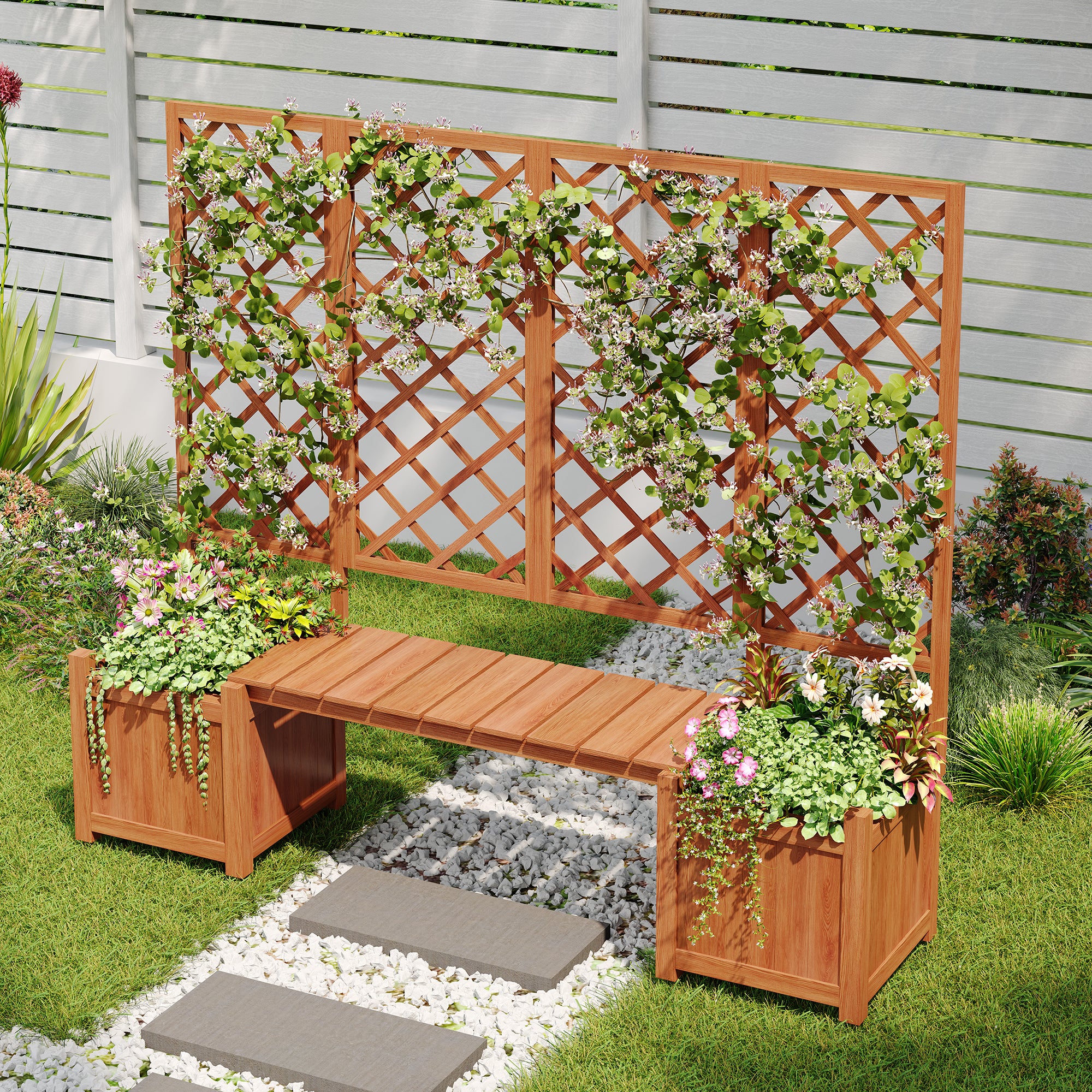Lot de 2 Jardinière sur pièds avec Treillis en bois massif + 1 banc- 169 x 42 x 145 cm - Marron - 7