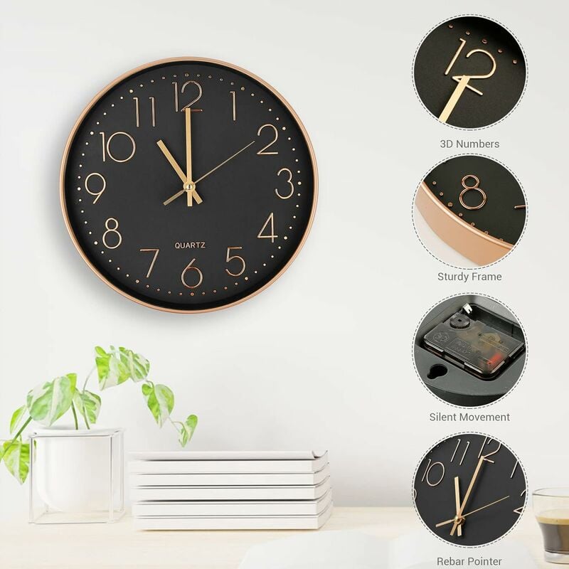 Horloge Murale Moderne Silencieuse à Quartz 25cm,Chiffres Surdimensionnés Ronde Murale Horloge(Or Rose) - 3