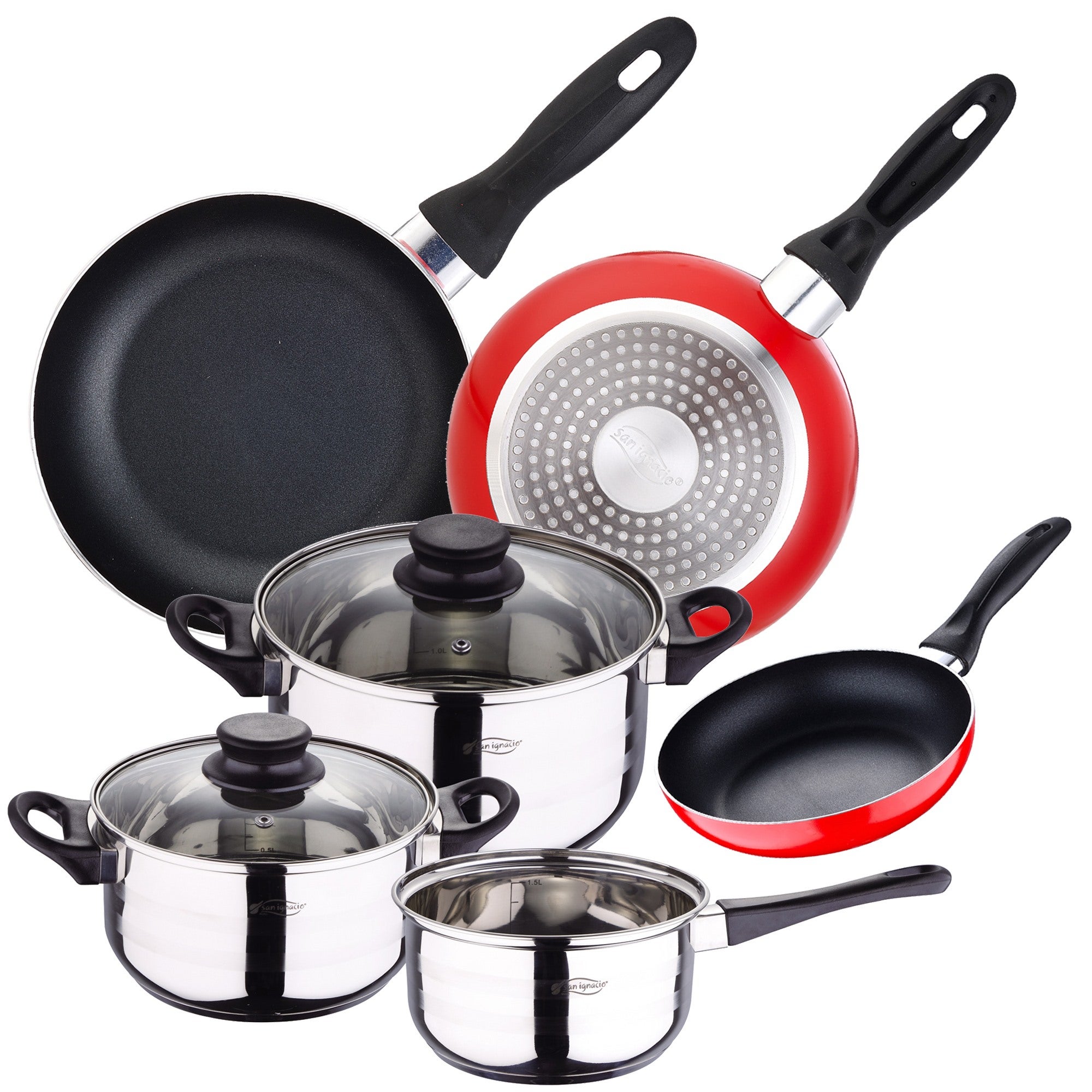 SAN IGNACIO Confezione 3 Padelle In Alluminio Con Rivestimento Marmo (16, 20, 24 Cm) + Set 24 Posate Acciaio Inox Con Manici Multicolore - 2