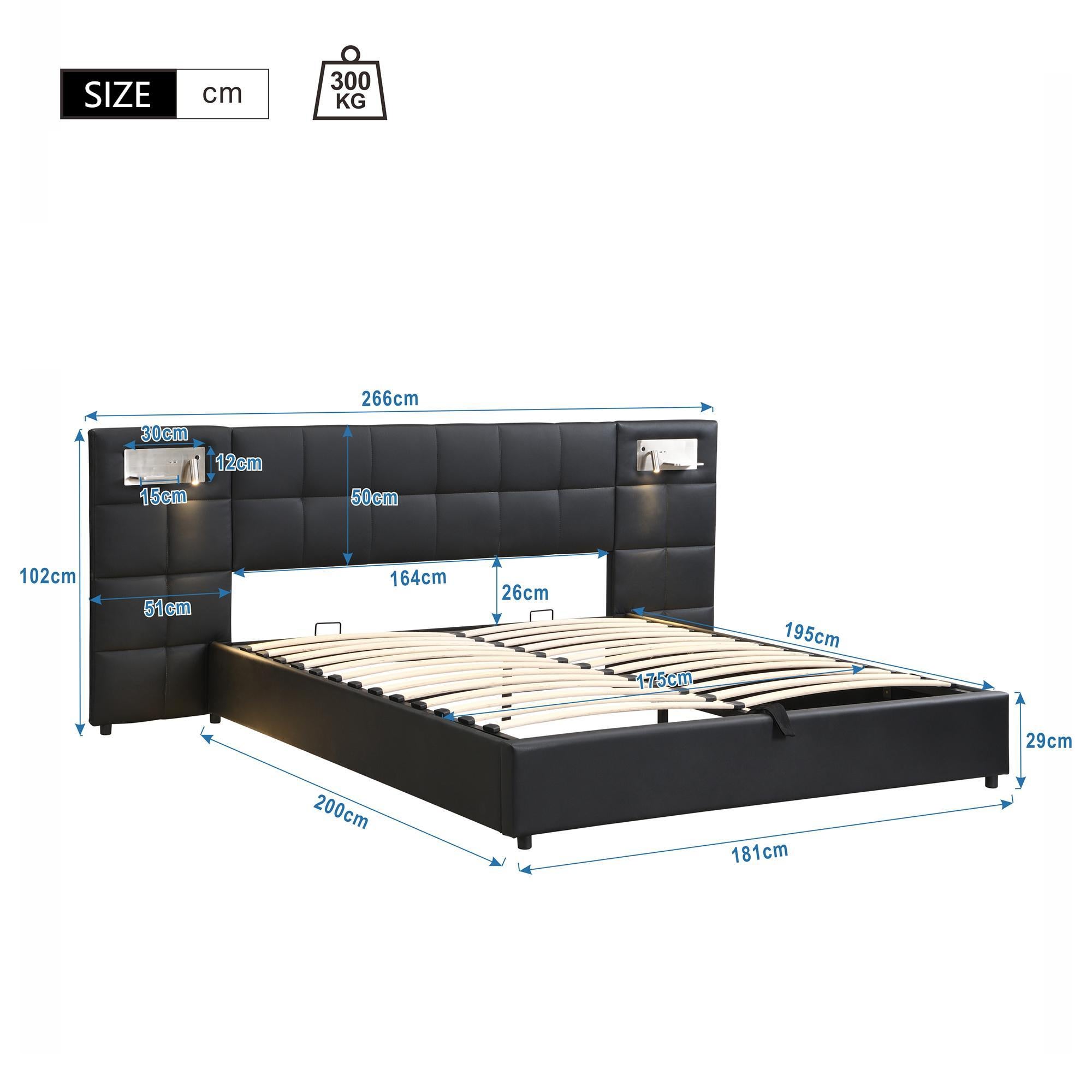 Cama contenedor de tela ecopiel 180x200 cm - con puerto USB, carga inalámbrica y LED - con somier - Negro - 5