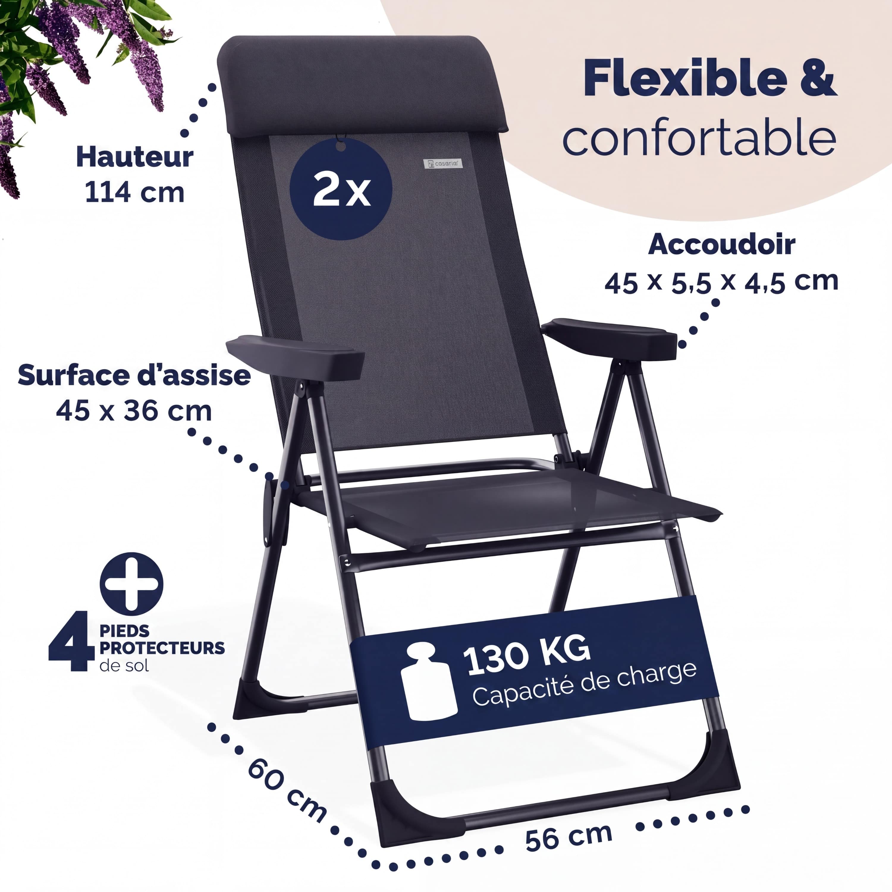 CASARIA® 2x Chaises de jardin pliantes Anthracite en aluminium avec accoudoirs dossier réglable plage piscine camping voyage - 3